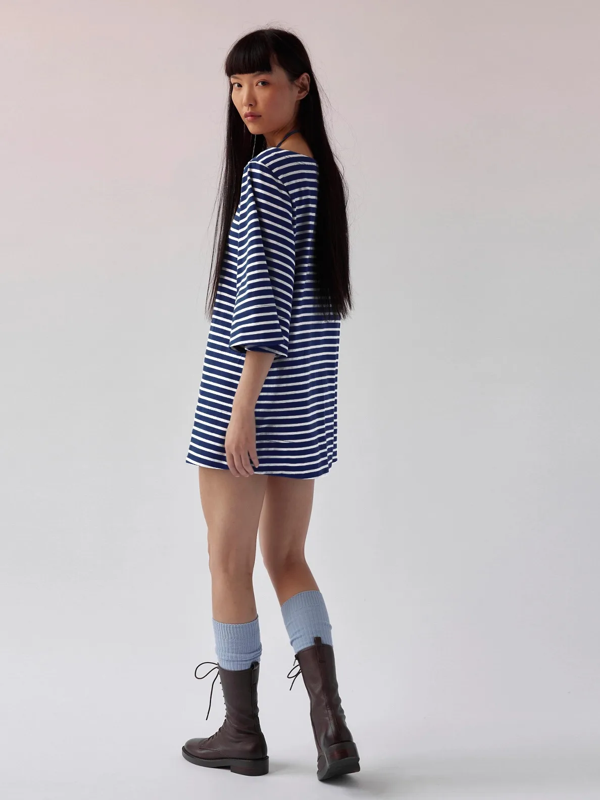 Color Stripe Half Sleeve Round Neck Pullover All-match Comfortable Casual Loose Long T Dress display picture 15