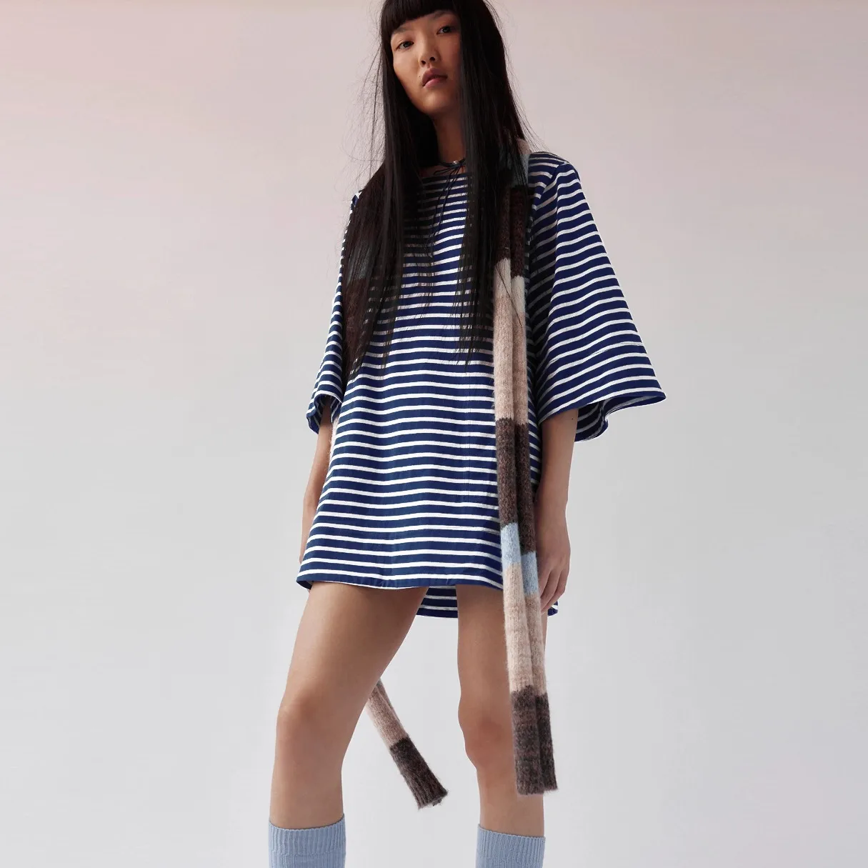 Color Stripe Half Sleeve Round Neck Pullover All-match Comfortable Casual Loose Long T Dress display picture 16
