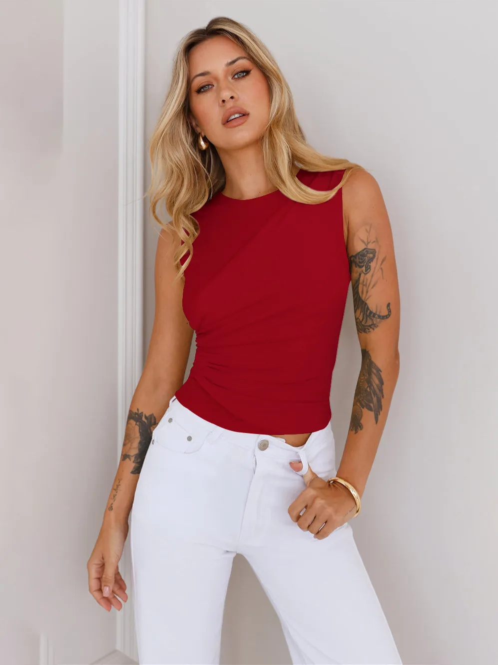 New  Sleeveless Women's Sexy Solid Color Round Neck Spice Girl Fashionable Slim-fit Vest Top display picture 36