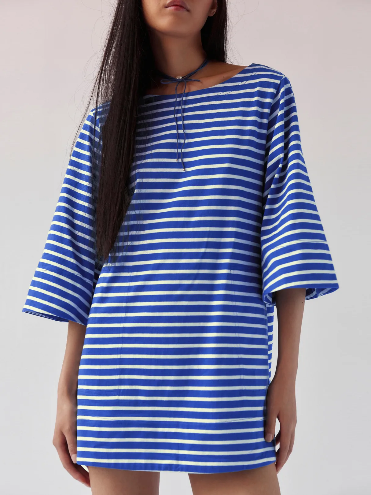 Color Stripe Half Sleeve Round Neck Pullover All-match Comfortable Casual Loose Long T Dress display picture 17