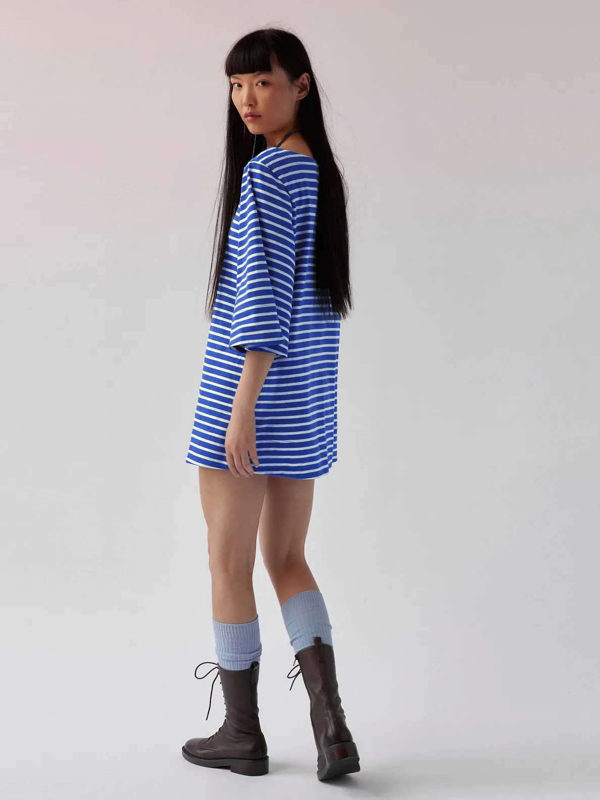 Color Stripe Half Sleeve Round Neck Pullover All-match Comfortable Casual Loose Long T Dress display picture 20
