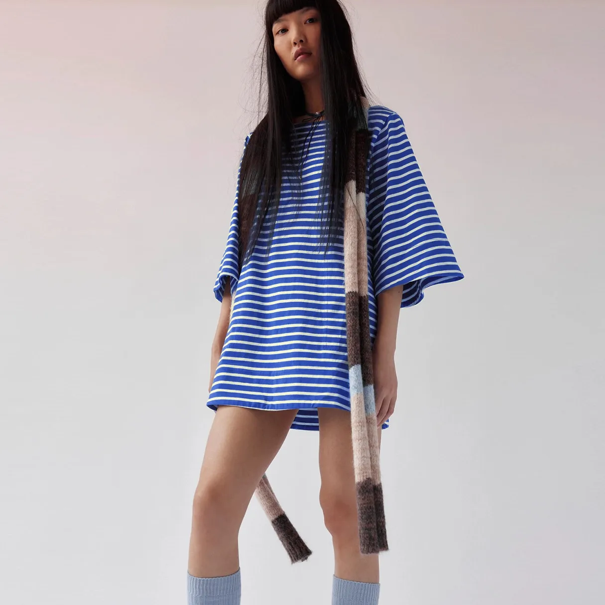 Color Stripe Half Sleeve Round Neck Pullover All-match Comfortable Casual Loose Long T Dress display picture 21