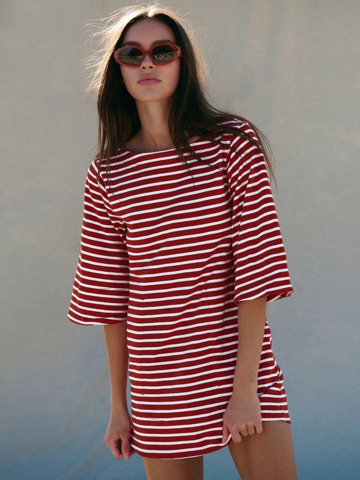 Color Stripe Half Sleeve Round Neck Pullover All-match Comfortable Casual Loose Long T Dress display picture 22