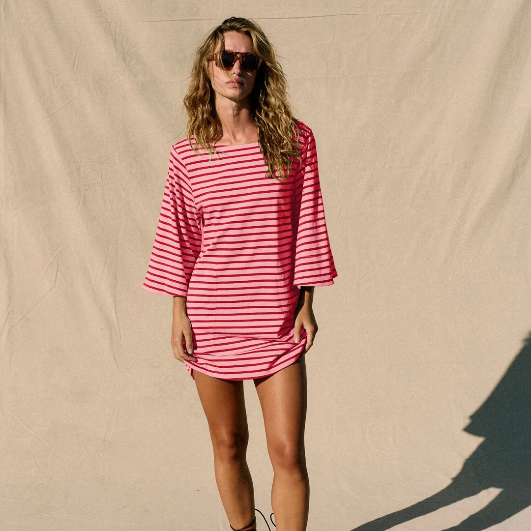 Color Stripe Half Sleeve Round Neck Pullover All-match Comfortable Casual Loose Long T Dress display picture 31
