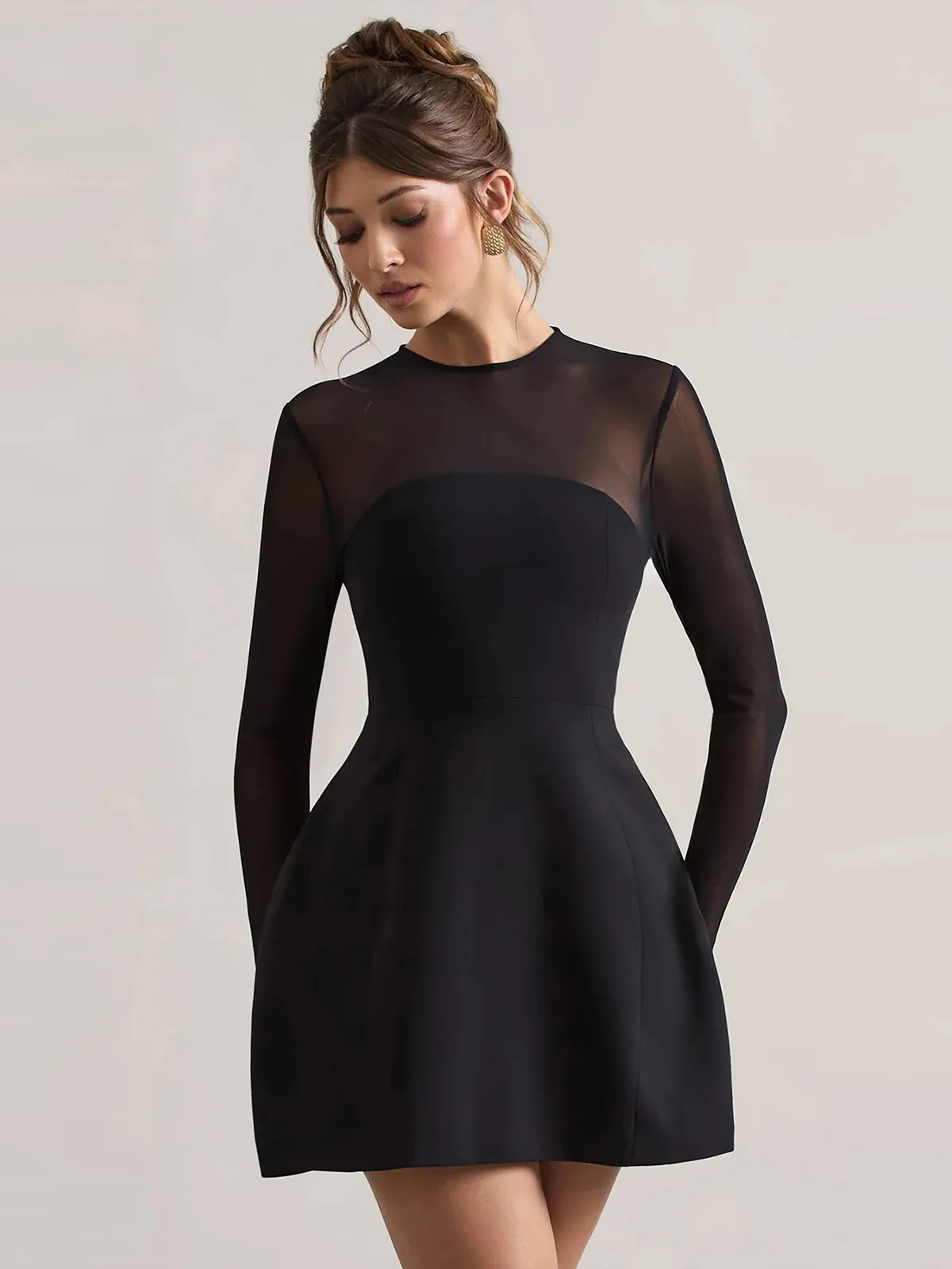 Autumn And Winter Foreign Trade New Women's Fashion Mesh Stitching Waist Zipper Hollow Solid Color Dress Evening Dress display picture 3