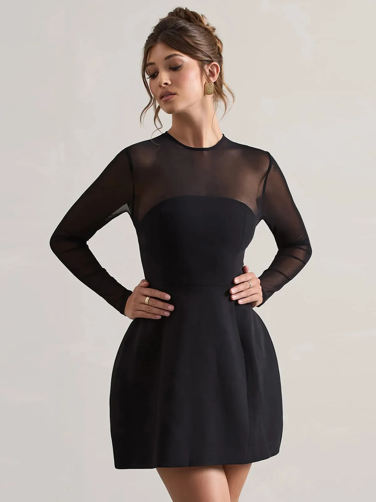 Autumn And Winter Foreign Trade New Women's Fashion Mesh Stitching Waist Zipper Hollow Solid Color Dress Evening Dress display picture 4