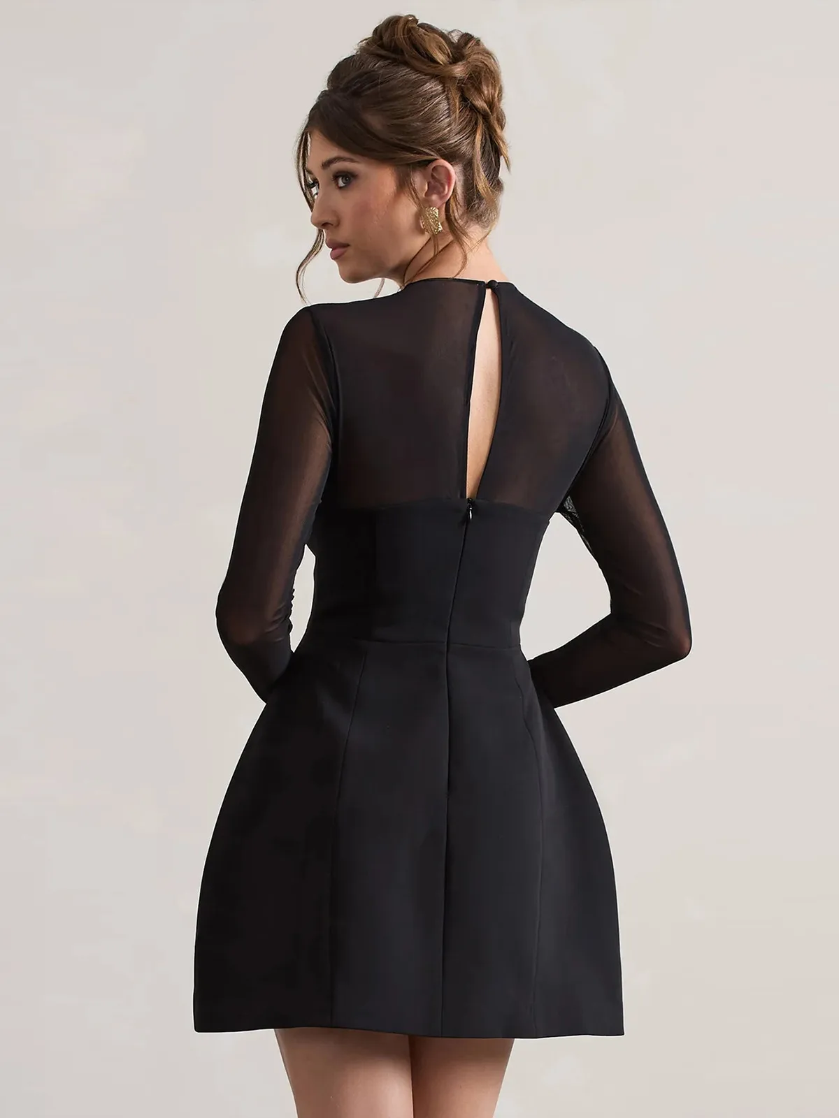 Autumn And Winter Foreign Trade New Women's Fashion Mesh Stitching Waist Zipper Hollow Solid Color Dress Evening Dress display picture 5