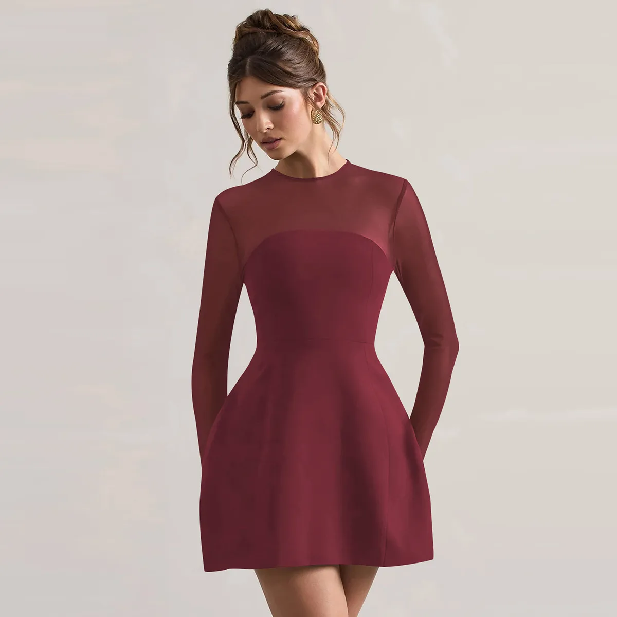 Autumn And Winter Foreign Trade New Women's Fashion Mesh Stitching Waist Zipper Hollow Solid Color Dress Evening Dress display picture 8