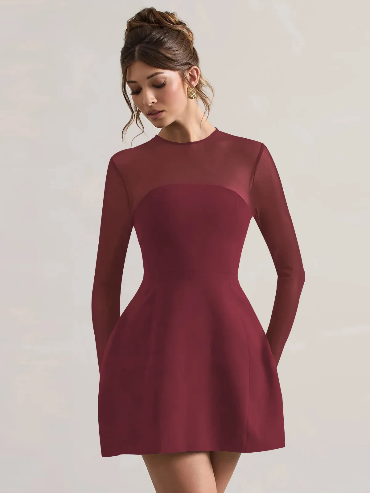Autumn And Winter Foreign Trade New Women's Fashion Mesh Stitching Waist Zipper Hollow Solid Color Dress Evening Dress display picture 9