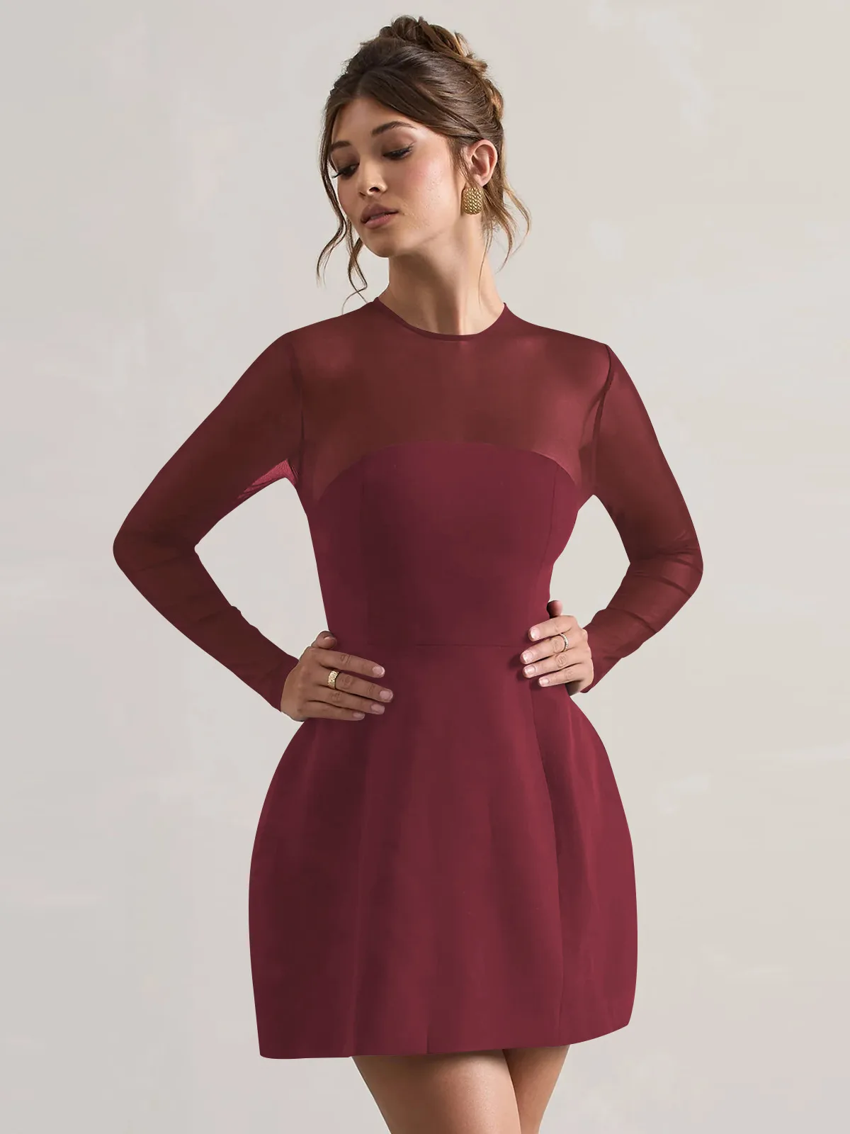 Autumn And Winter Foreign Trade New Women's Fashion Mesh Stitching Waist Zipper Hollow Solid Color Dress Evening Dress display picture 10