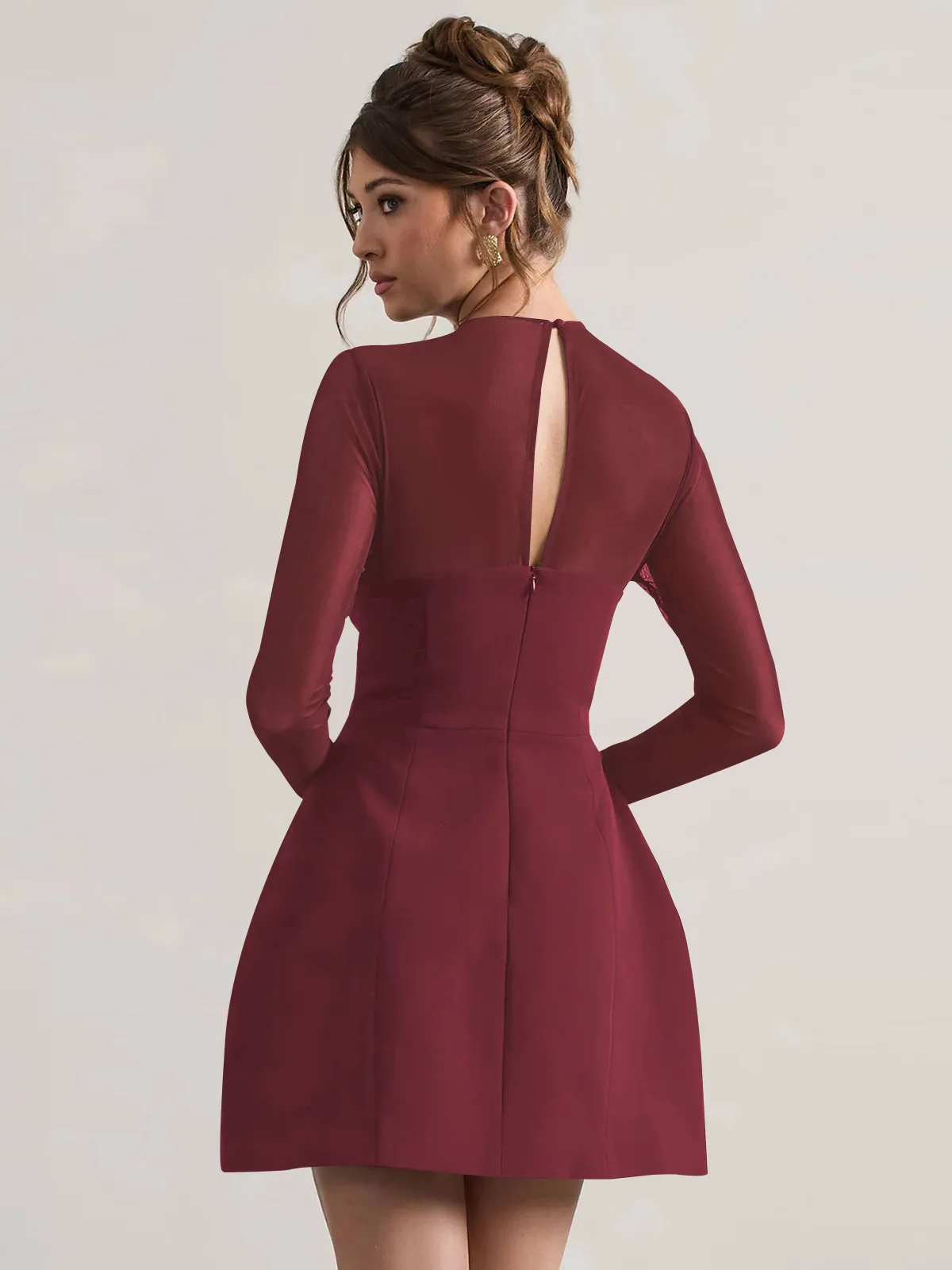 Autumn And Winter Foreign Trade New Women's Fashion Mesh Stitching Waist Zipper Hollow Solid Color Dress Evening Dress display picture 11