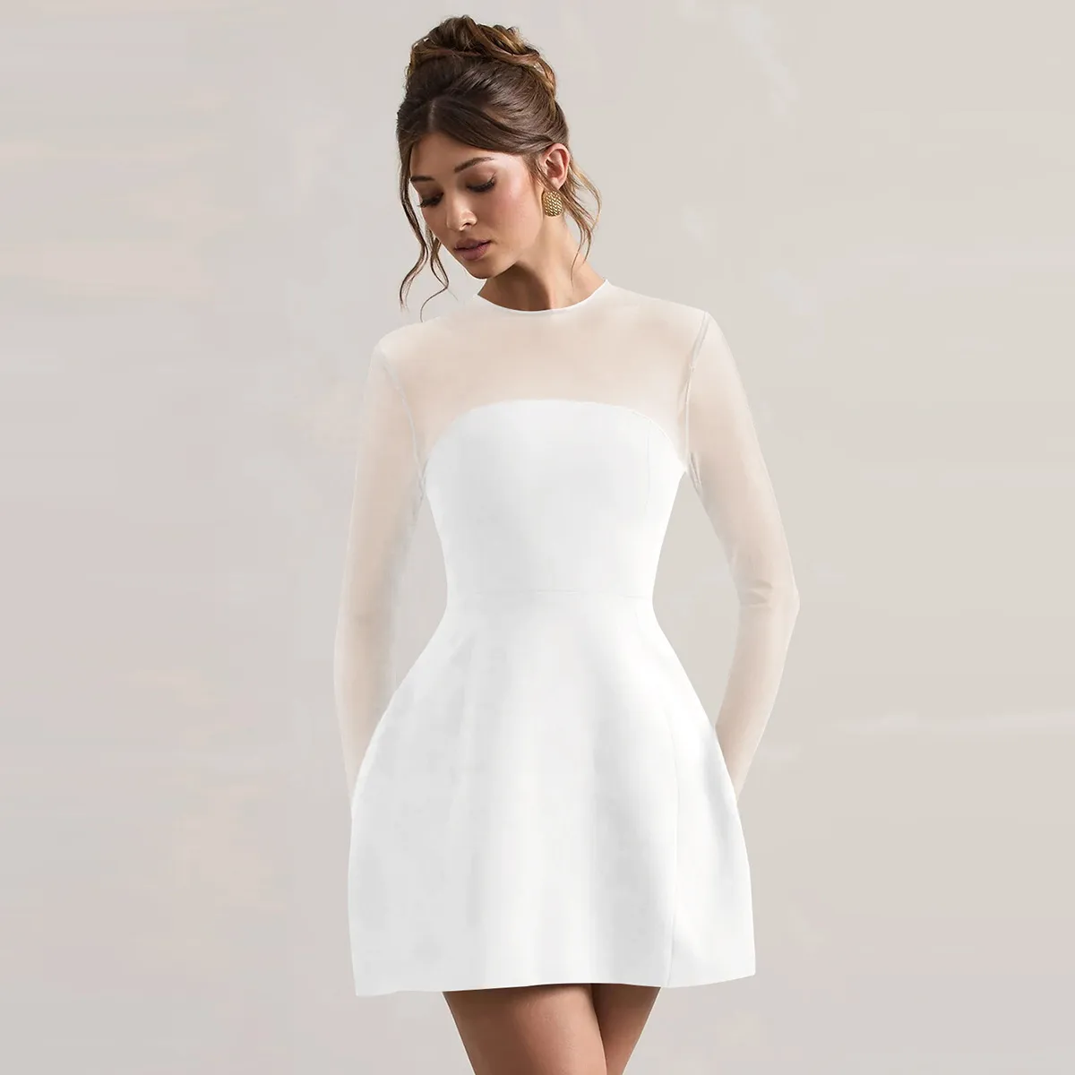 Autumn And Winter Foreign Trade New Women's Fashion Mesh Stitching Waist Zipper Hollow Solid Color Dress Evening Dress display picture 13