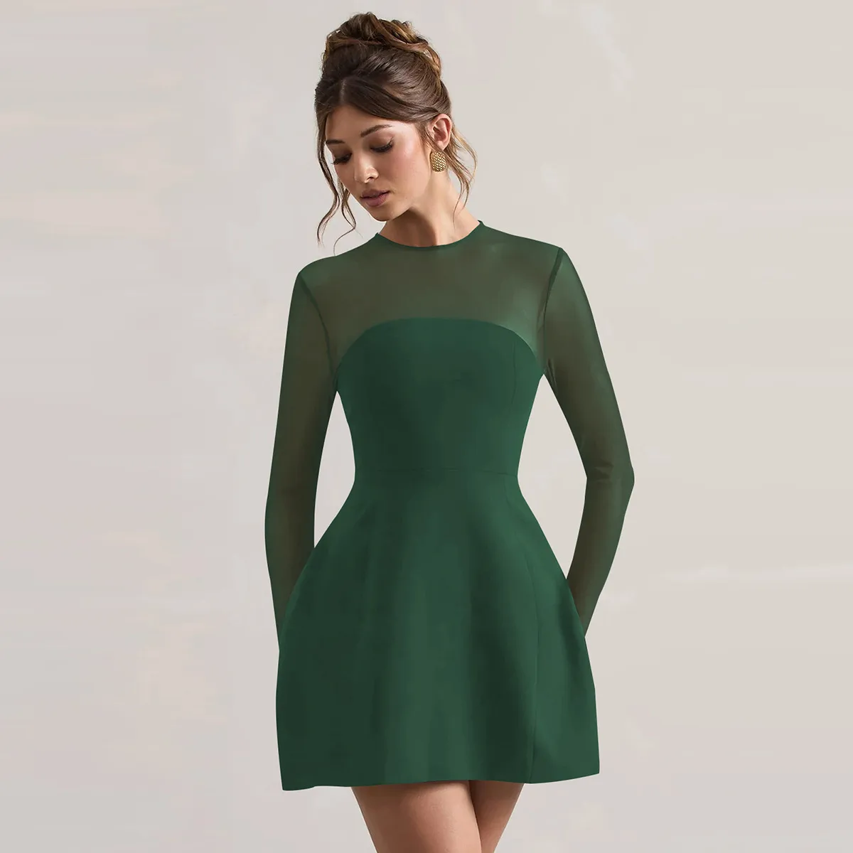 Autumn And Winter Foreign Trade New Women's Fashion Mesh Stitching Waist Zipper Hollow Solid Color Dress Evening Dress display picture 18