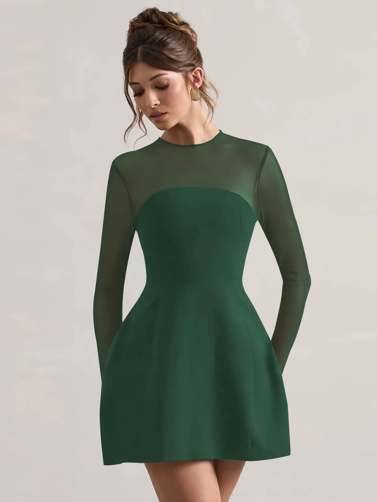 Autumn And Winter Foreign Trade New Women's Fashion Mesh Stitching Waist Zipper Hollow Solid Color Dress Evening Dress display picture 19