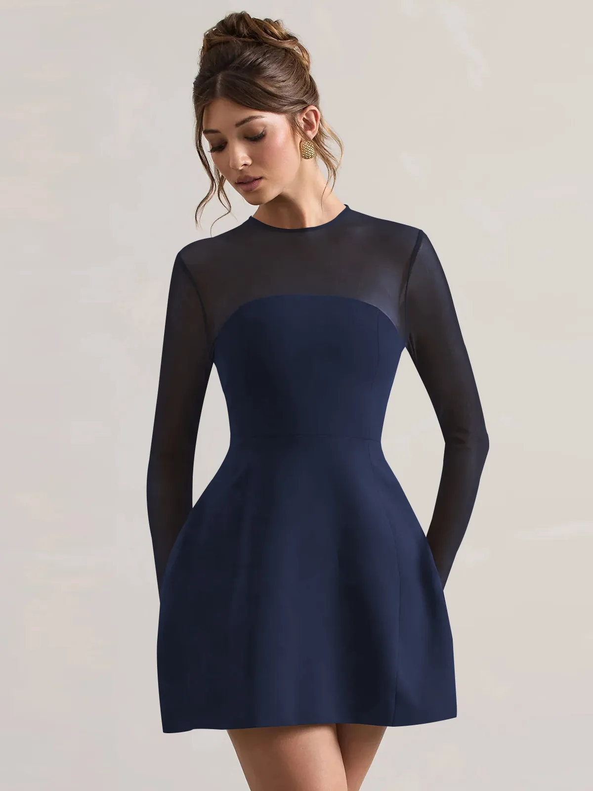 Autumn And Winter Foreign Trade New Women's Fashion Mesh Stitching Waist Zipper Hollow Solid Color Dress Evening Dress display picture 24