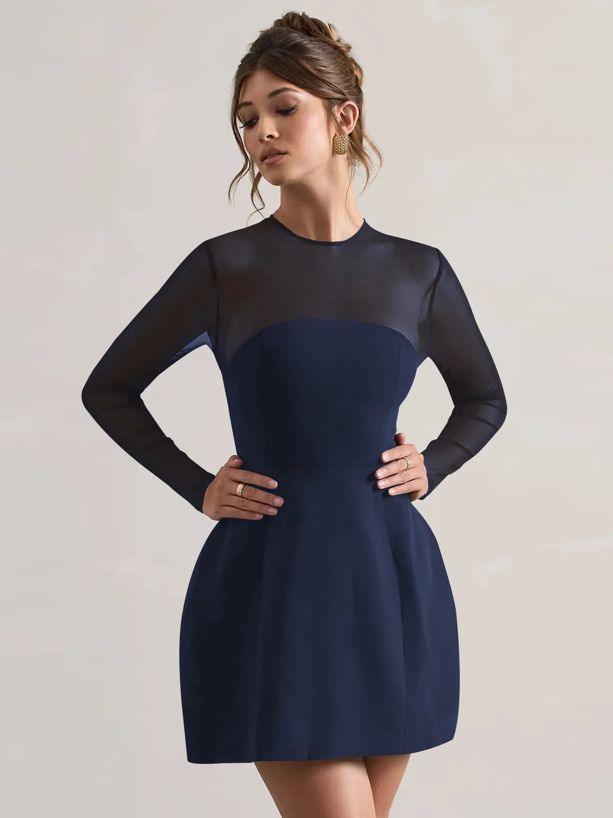 Autumn And Winter Foreign Trade New Women's Fashion Mesh Stitching Waist Zipper Hollow Solid Color Dress Evening Dress display picture 25