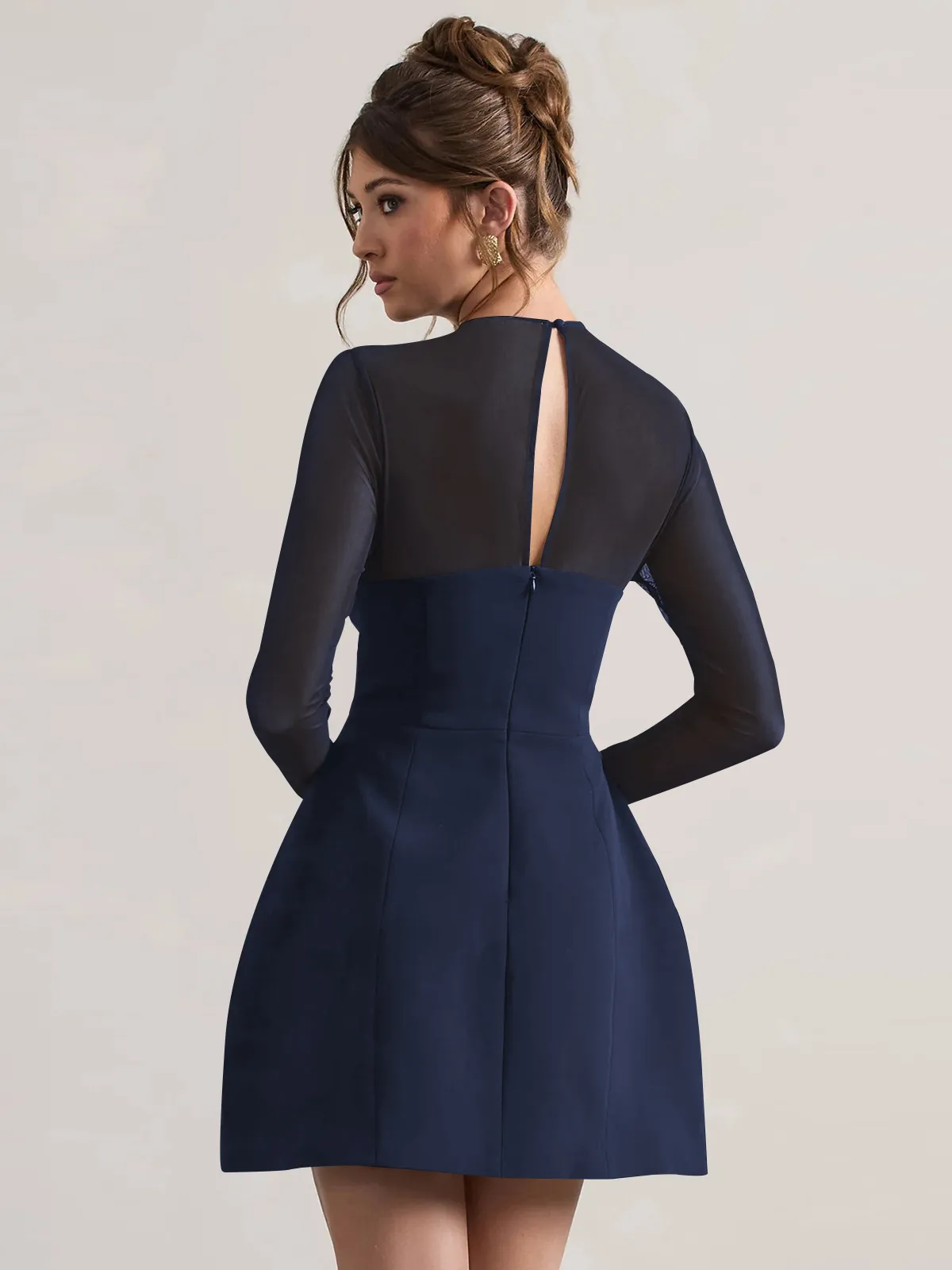 Autumn And Winter Foreign Trade New Women's Fashion Mesh Stitching Waist Zipper Hollow Solid Color Dress Evening Dress display picture 26