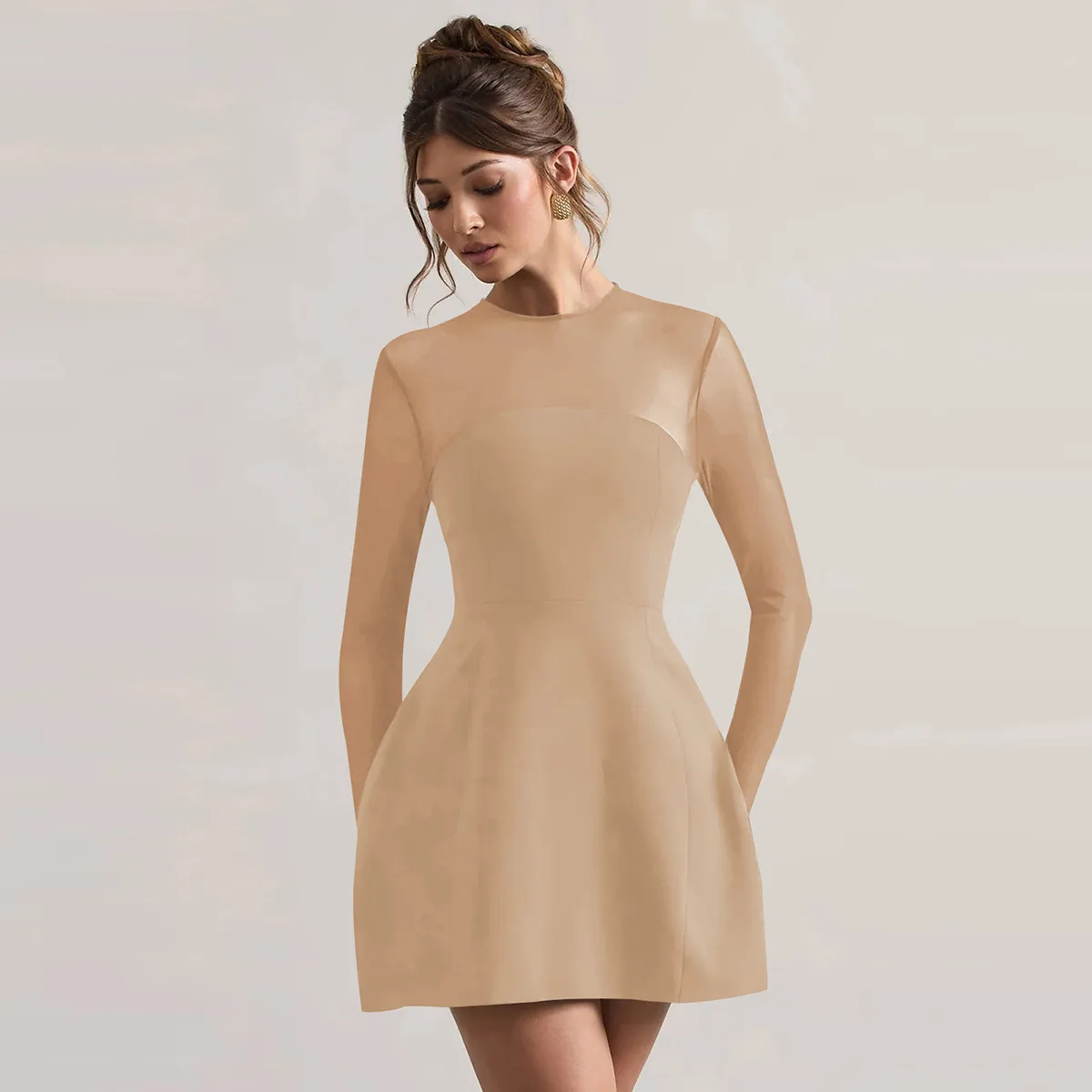 Autumn And Winter Foreign Trade New Women's Fashion Mesh Stitching Waist Zipper Hollow Solid Color Dress Evening Dress display picture 28