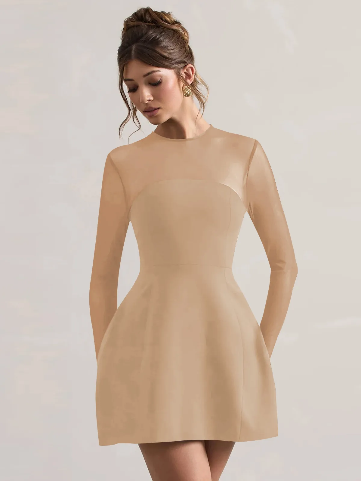 Autumn And Winter Foreign Trade New Women's Fashion Mesh Stitching Waist Zipper Hollow Solid Color Dress Evening Dress display picture 29