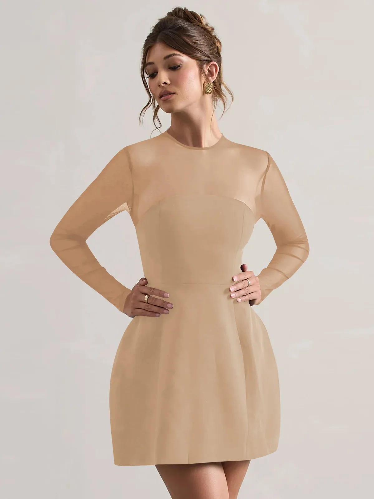 Autumn And Winter Foreign Trade New Women's Fashion Mesh Stitching Waist Zipper Hollow Solid Color Dress Evening Dress display picture 30