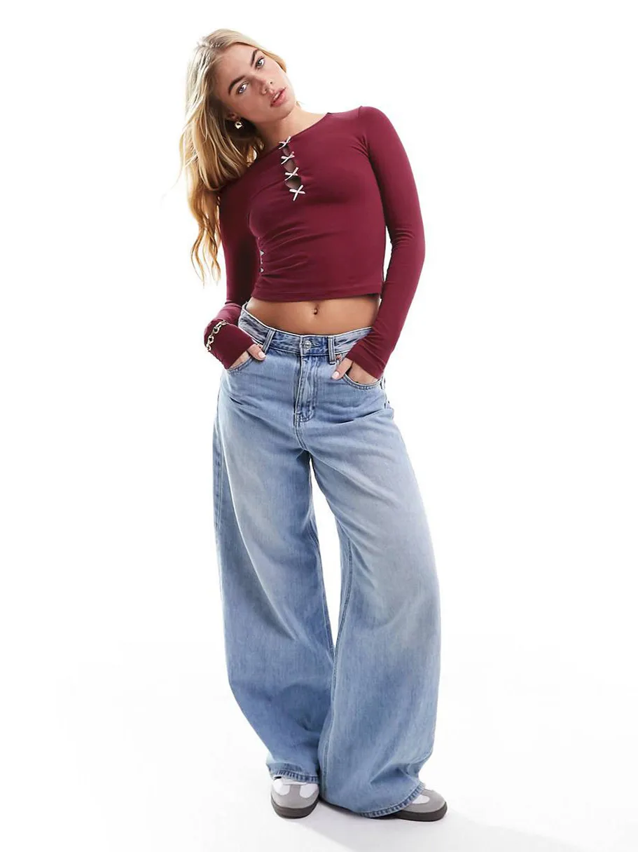-style New Y2K Sexy Spice Girl Spring And Summer Slim-fit Hollow Bow Decorative Long-sleeved Top T-shirt display picture 15