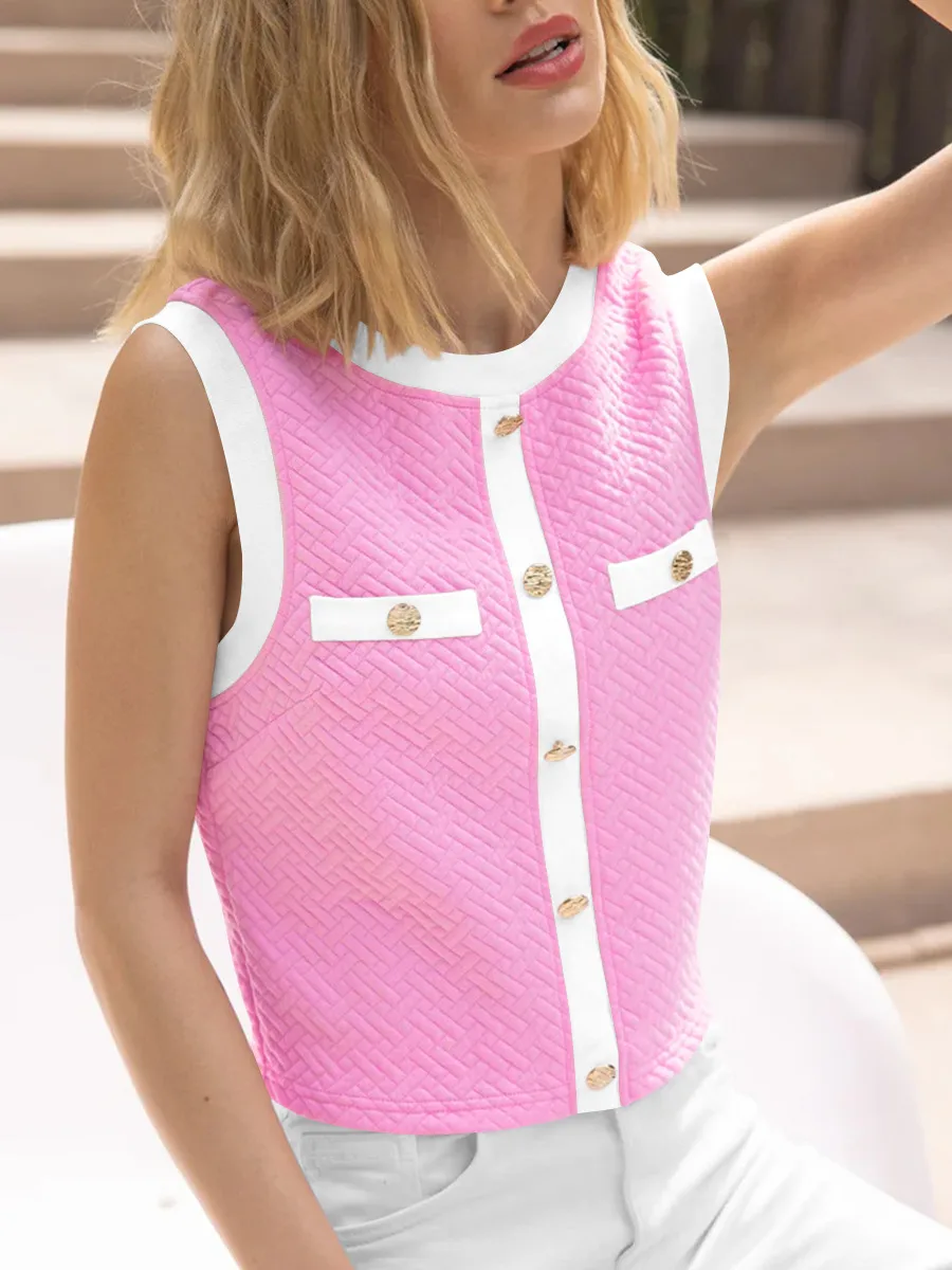 New  Spring And Summer  Style Sleeveless Vest Top Foreign Trade All-match Contrast Color Button Round Neck Elegant Women's Clothing display picture 20