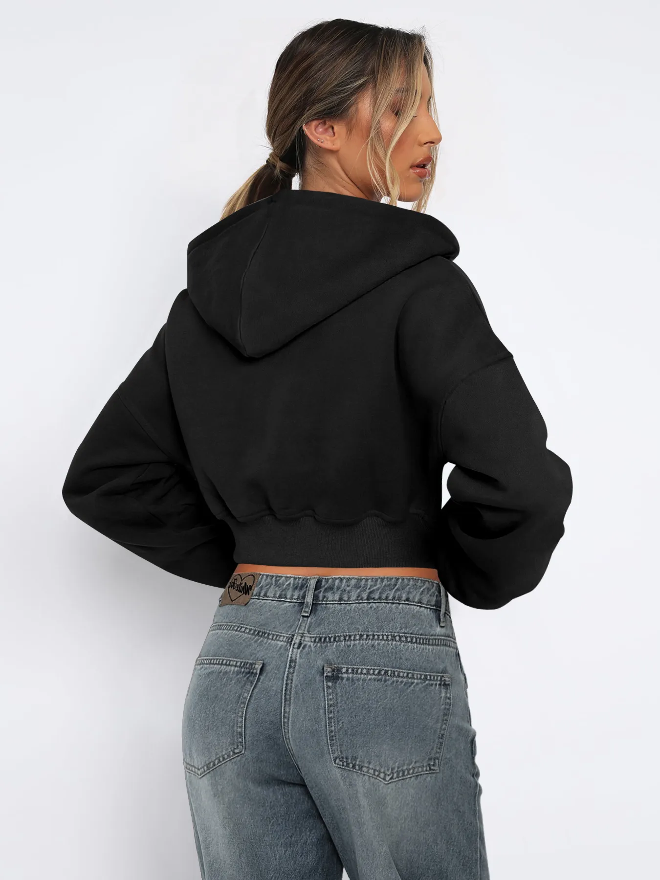 Foreign Trade  Fashion Short Fashion Women's Long Sleeve Solid Color Zipper Hooded Loose Sweatshirt Round Neck All-match Jacket display picture 3