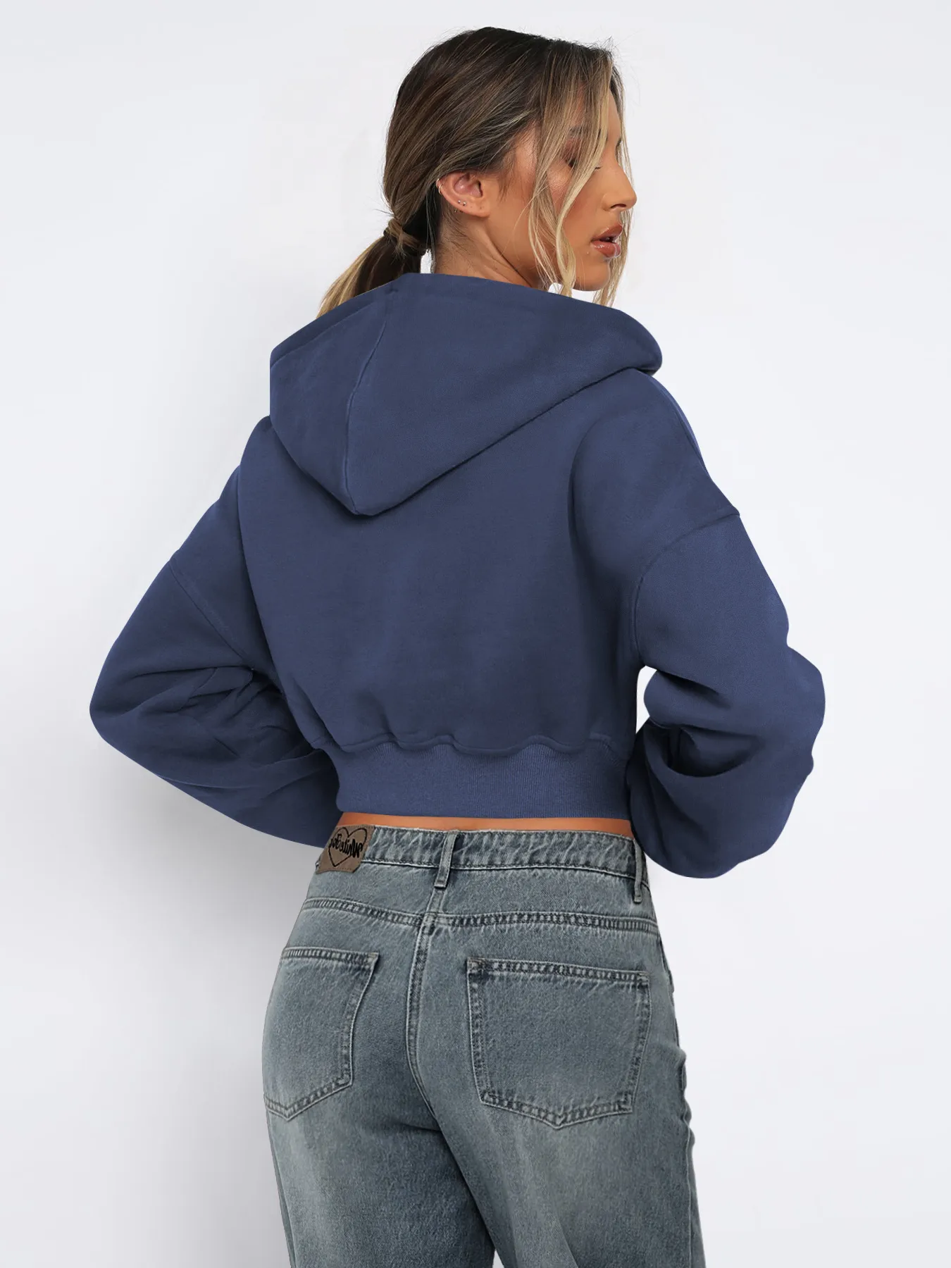 Foreign Trade  Fashion Short Fashion Women's Long Sleeve Solid Color Zipper Hooded Loose Sweatshirt Round Neck All-match Jacket display picture 5