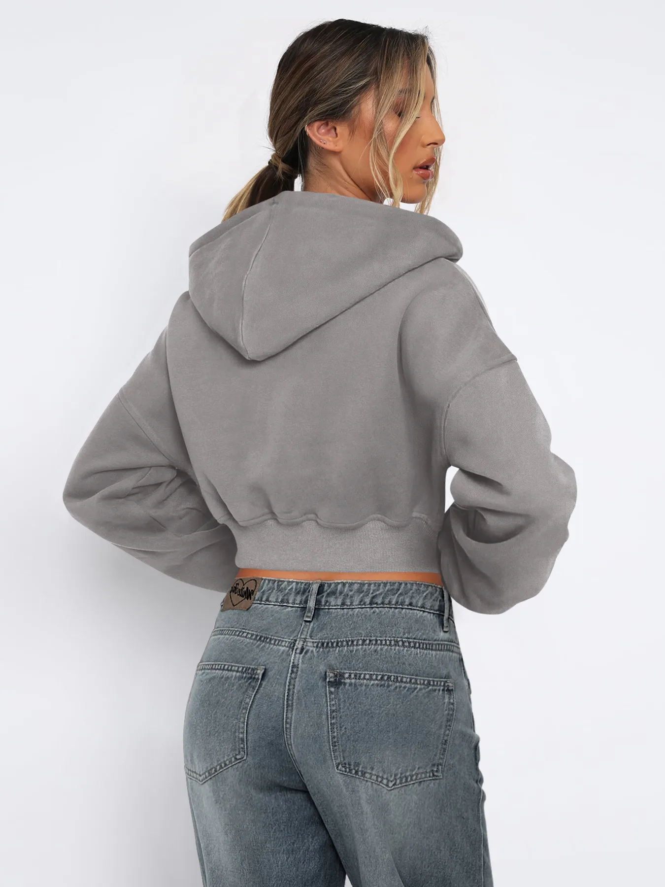 Foreign Trade  Fashion Short Fashion Women's Long Sleeve Solid Color Zipper Hooded Loose Sweatshirt Round Neck All-match Jacket display picture 7