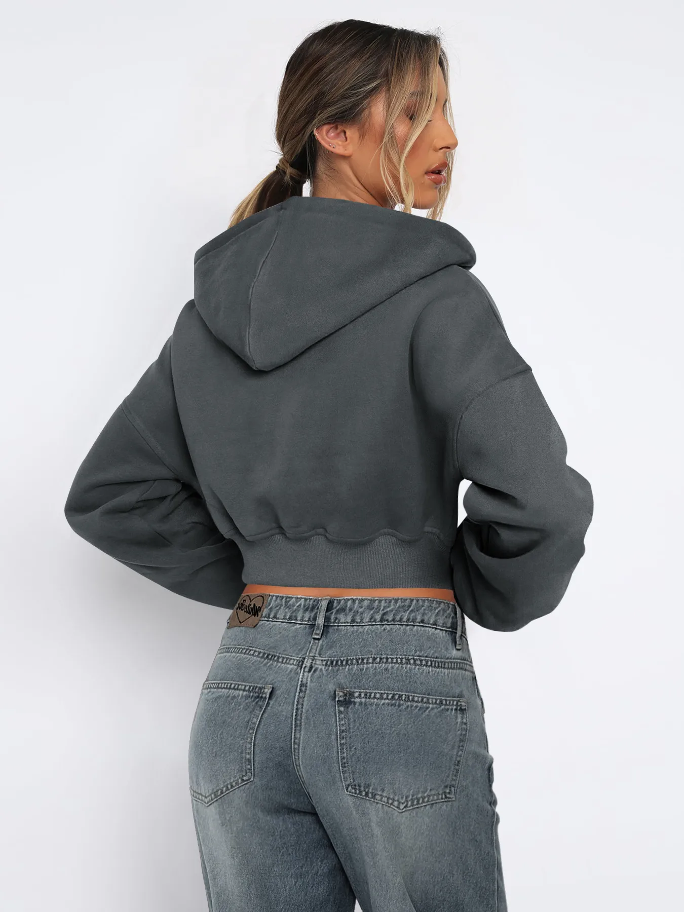 Foreign Trade  Fashion Short Fashion Women's Long Sleeve Solid Color Zipper Hooded Loose Sweatshirt Round Neck All-match Jacket display picture 9