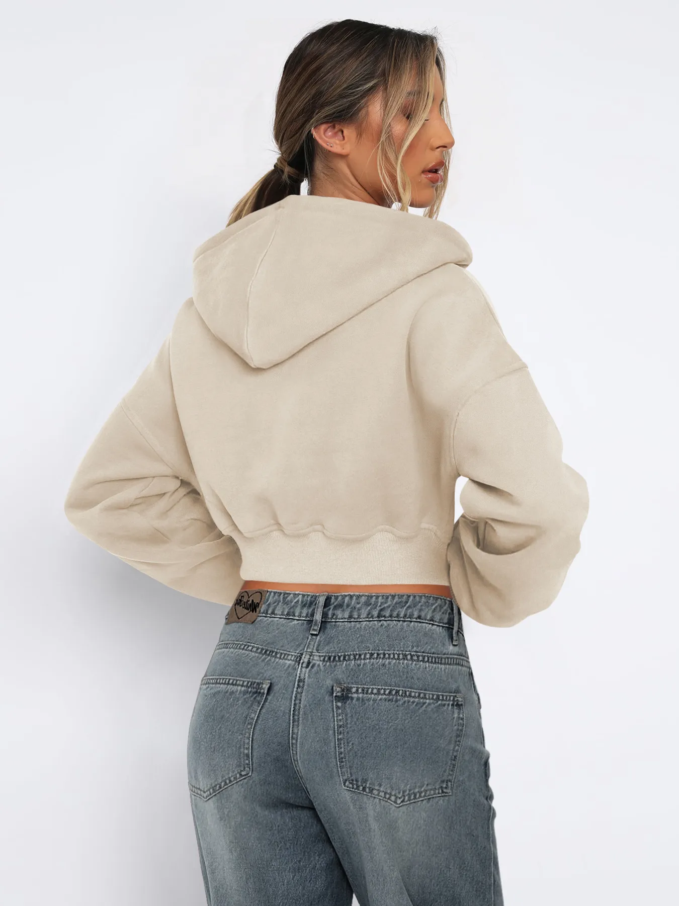 Foreign Trade  Fashion Short Fashion Women's Long Sleeve Solid Color Zipper Hooded Loose Sweatshirt Round Neck All-match Jacket display picture 11