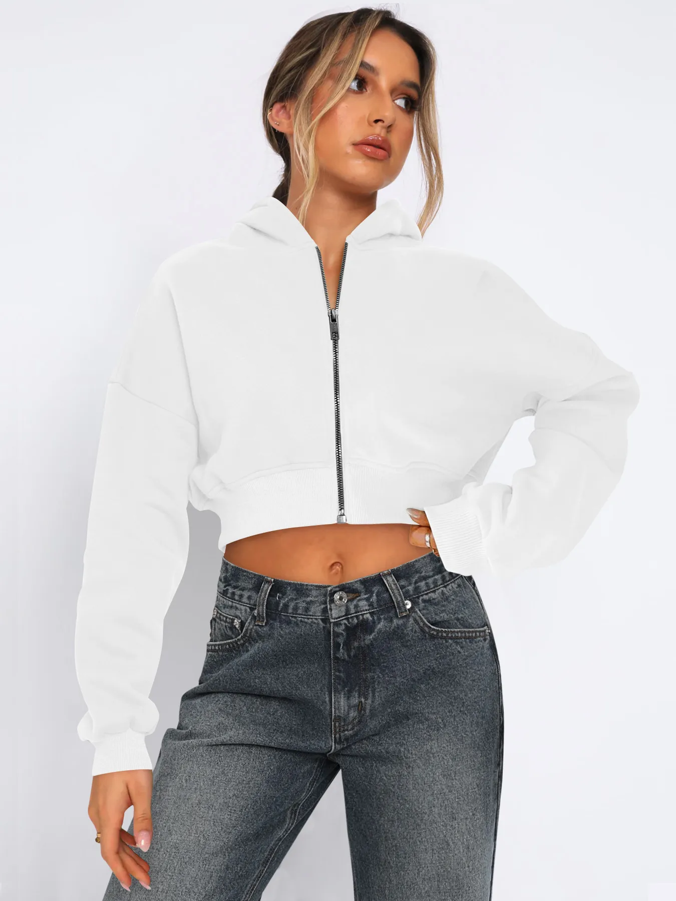 Foreign Trade  Fashion Short Fashion Women's Long Sleeve Solid Color Zipper Hooded Loose Sweatshirt Round Neck All-match Jacket display picture 12