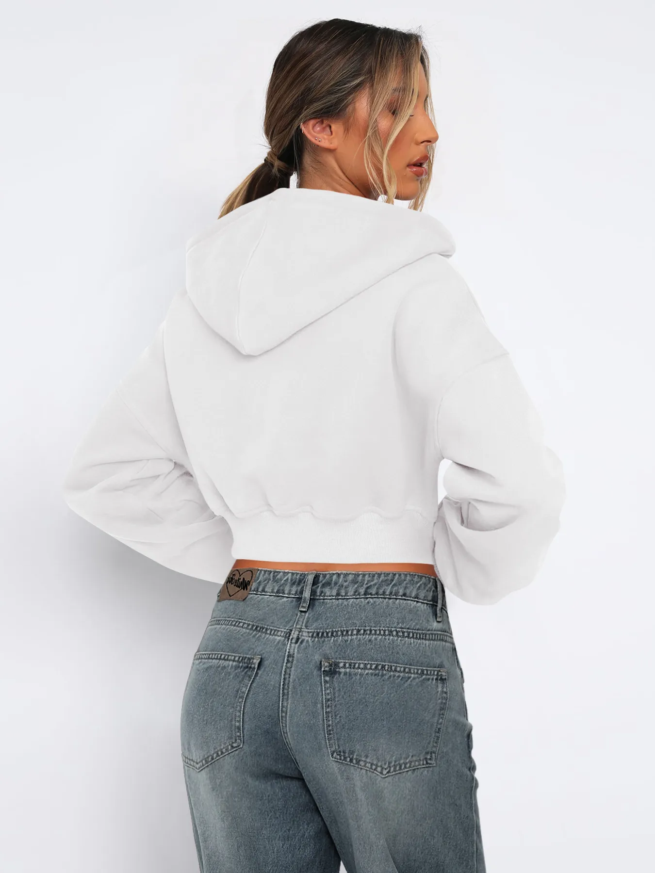 Foreign Trade  Fashion Short Fashion Women's Long Sleeve Solid Color Zipper Hooded Loose Sweatshirt Round Neck All-match Jacket display picture 13