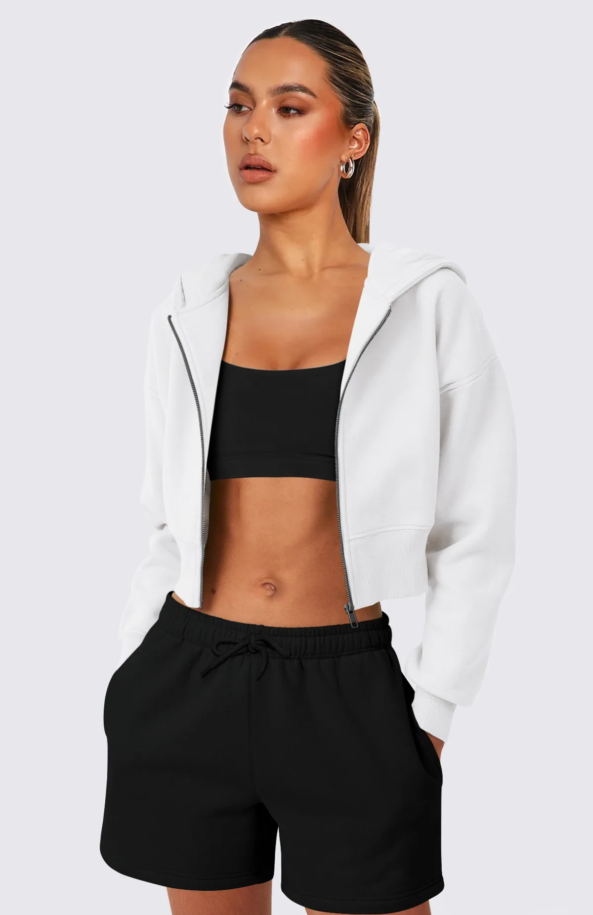 Foreign Trade  Fashion Short Fashion Women's Long Sleeve Solid Color Zipper Hooded Loose Sweatshirt Round Neck All-match Jacket display picture 15