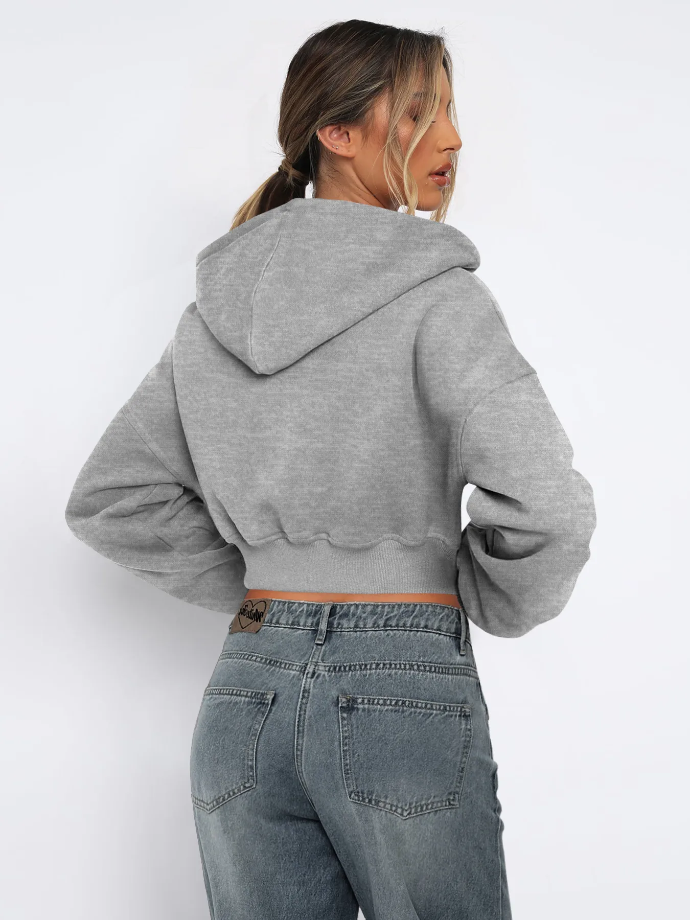 Foreign Trade  Fashion Short Fashion Women's Long Sleeve Solid Color Zipper Hooded Loose Sweatshirt Round Neck All-match Jacket display picture 17