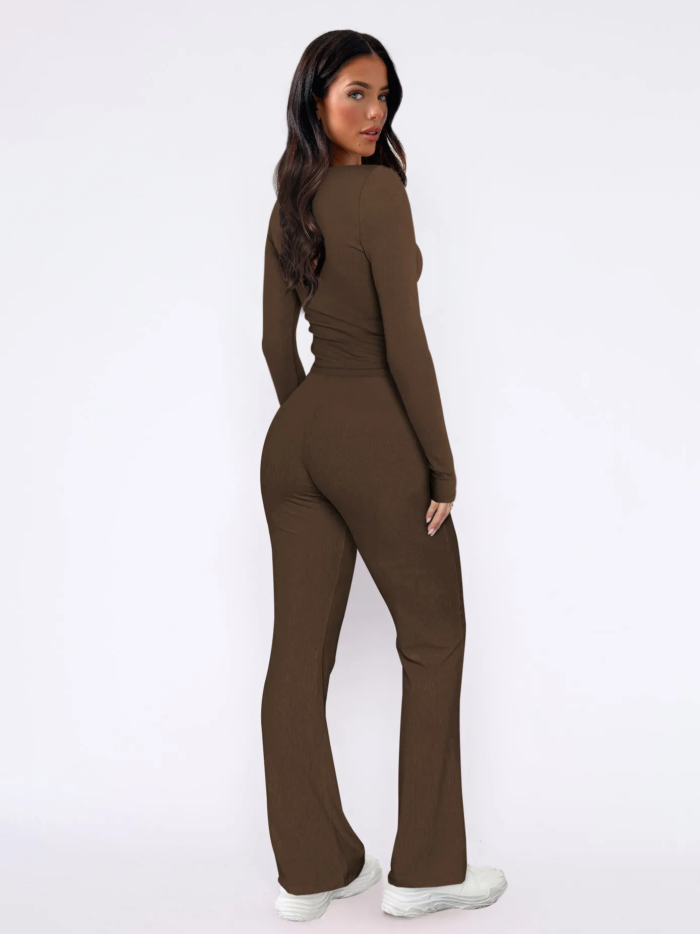 Autumn And Winter Hot Sale Foreign Trade Women's Slim-fit Sexy Button Long Sleeve Top Lace-up Trousers Fashion Two-piece Set display picture 3