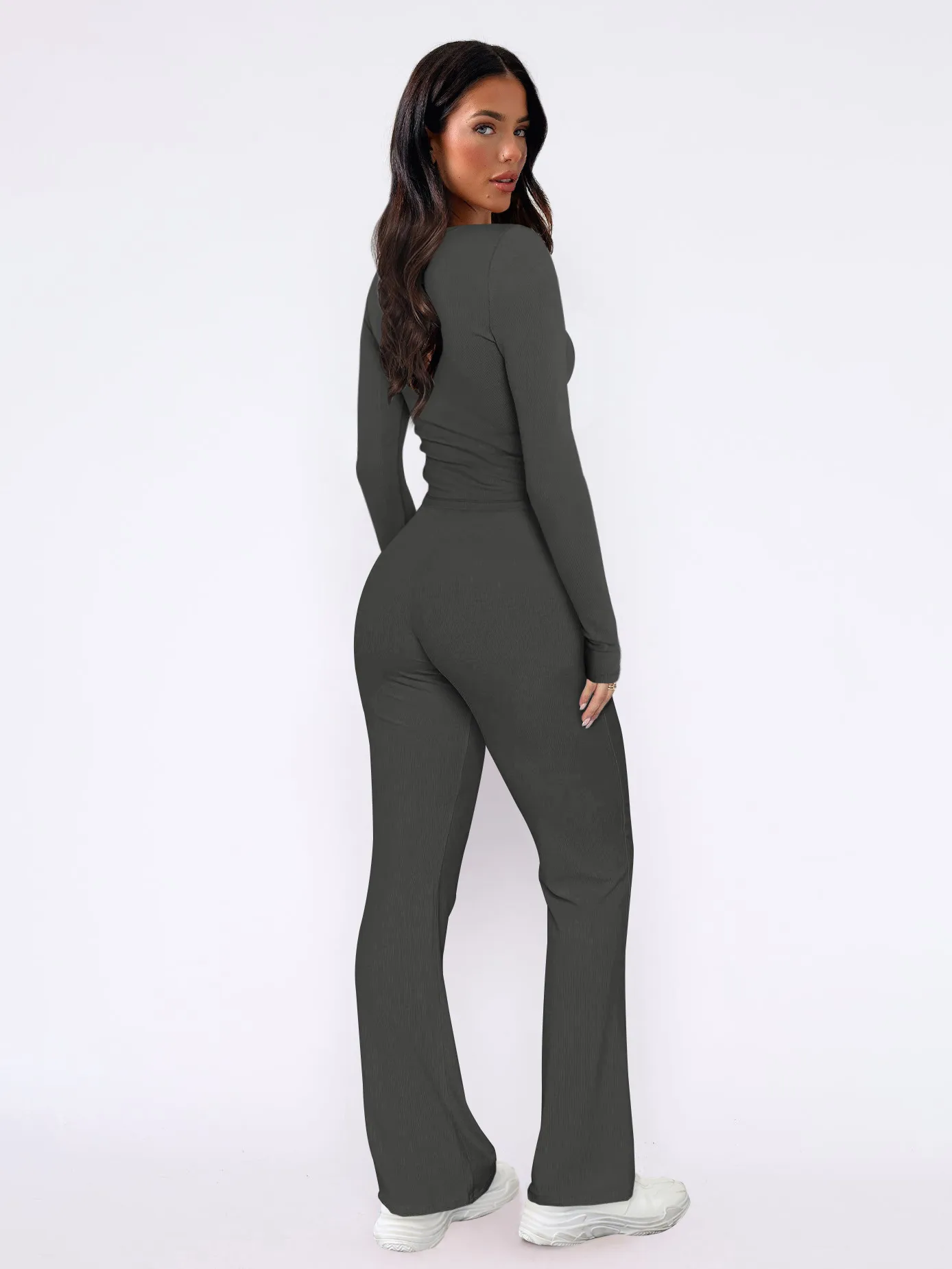 Autumn And Winter Hot Sale Foreign Trade Women's Slim-fit Sexy Button Long Sleeve Top Lace-up Trousers Fashion Two-piece Set display picture 5