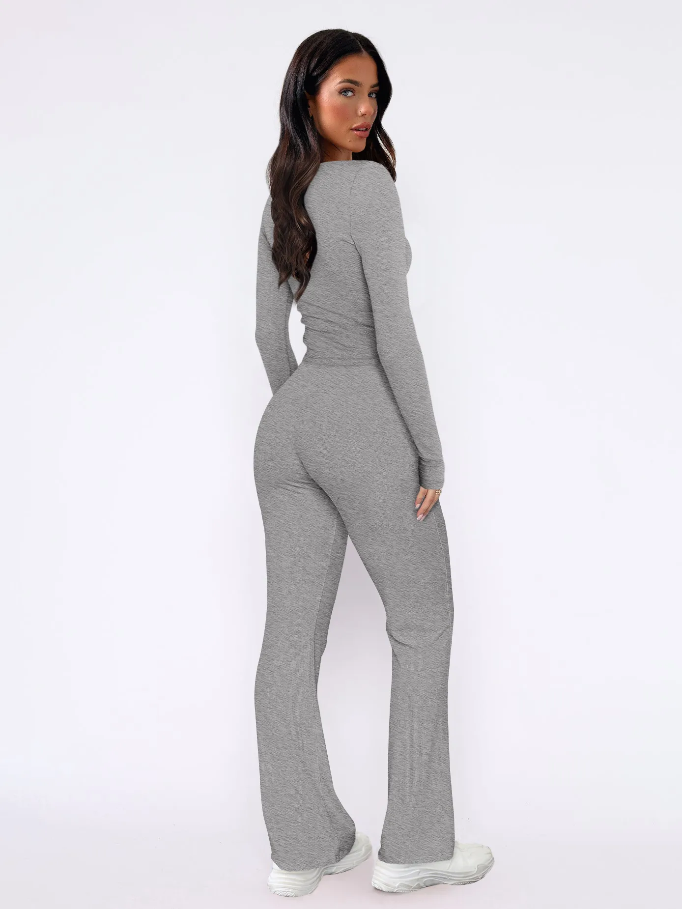 Autumn And Winter Hot Sale Foreign Trade Women's Slim-fit Sexy Button Long Sleeve Top Lace-up Trousers Fashion Two-piece Set display picture 9