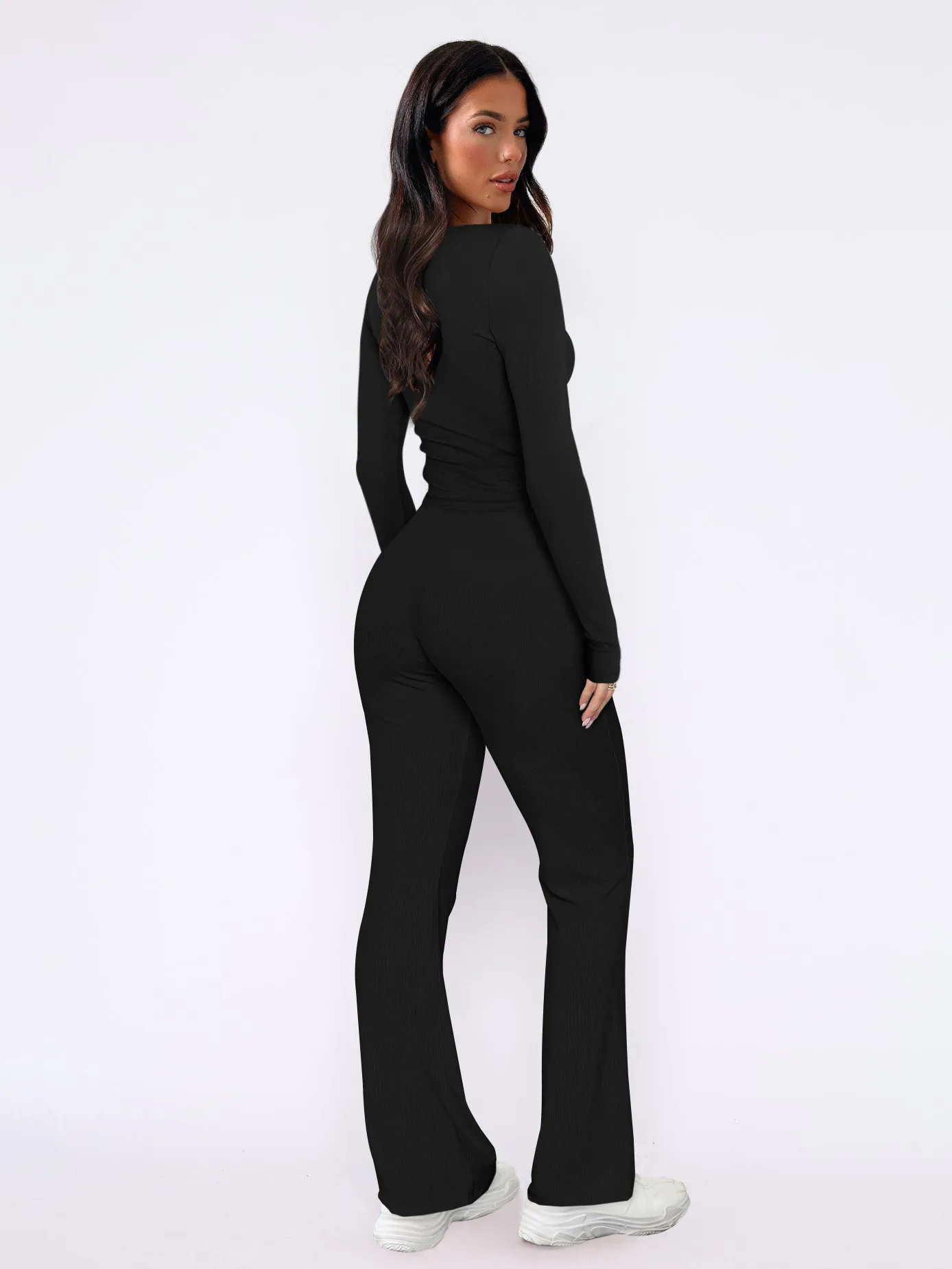 Autumn And Winter Hot Sale Foreign Trade Women's Slim-fit Sexy Button Long Sleeve Top Lace-up Trousers Fashion Two-piece Set display picture 11
