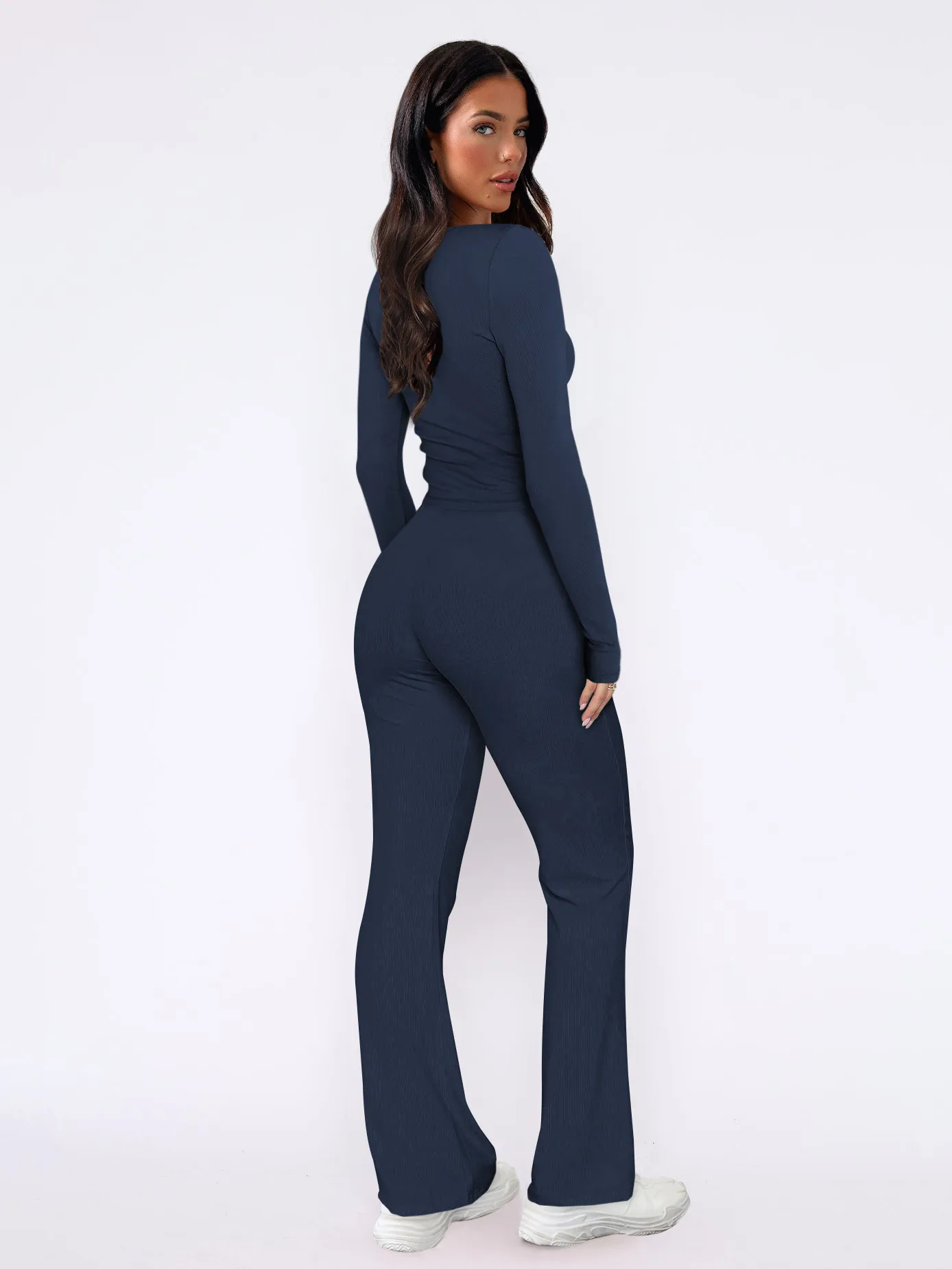 Autumn And Winter Hot Sale Foreign Trade Women's Slim-fit Sexy Button Long Sleeve Top Lace-up Trousers Fashion Two-piece Set display picture 13