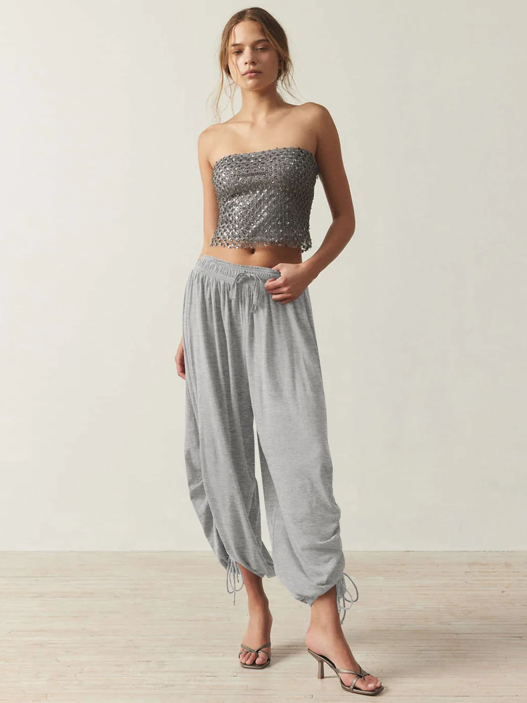 Foreign Trade Fashion  Fashion Solid Color Drawstring Lace-up Design Sense Lantern Casual Comfortable Autumn Cropped Pants display picture 4