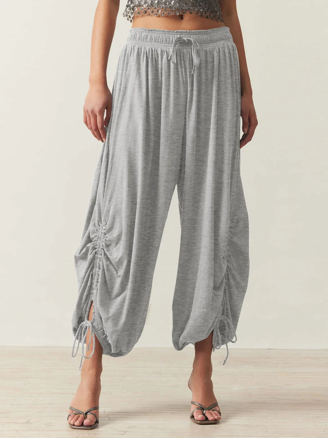 Foreign Trade Fashion  Fashion Solid Color Drawstring Lace-up Design Sense Lantern Casual Comfortable Autumn Cropped Pants display picture 2