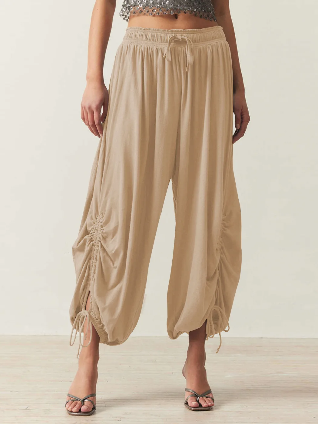 Foreign Trade Fashion  Fashion Solid Color Drawstring Lace-up Design Sense Lantern Casual Comfortable Autumn Cropped Pants display picture 14