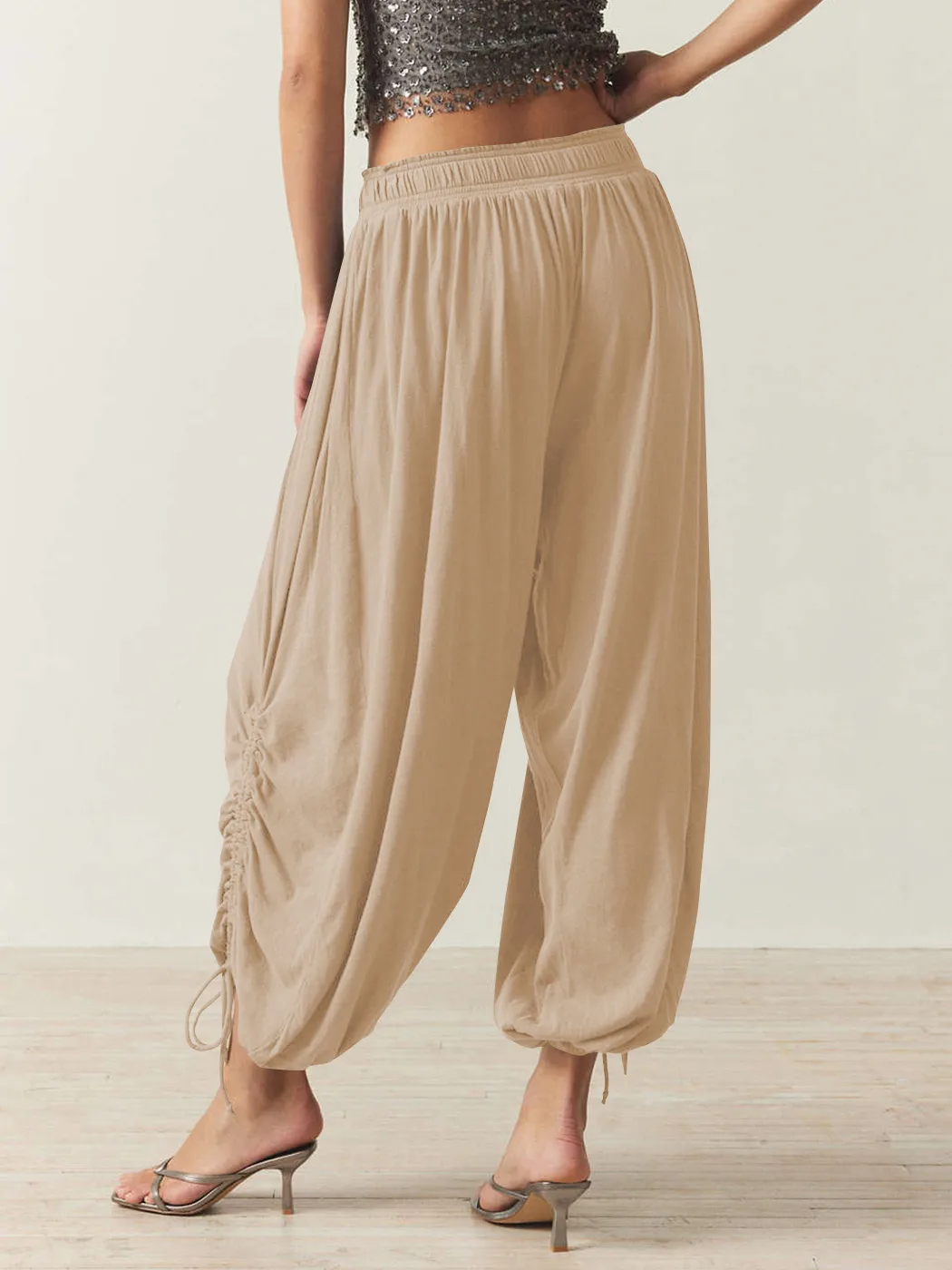 Foreign Trade Fashion  Fashion Solid Color Drawstring Lace-up Design Sense Lantern Casual Comfortable Autumn Cropped Pants display picture 15