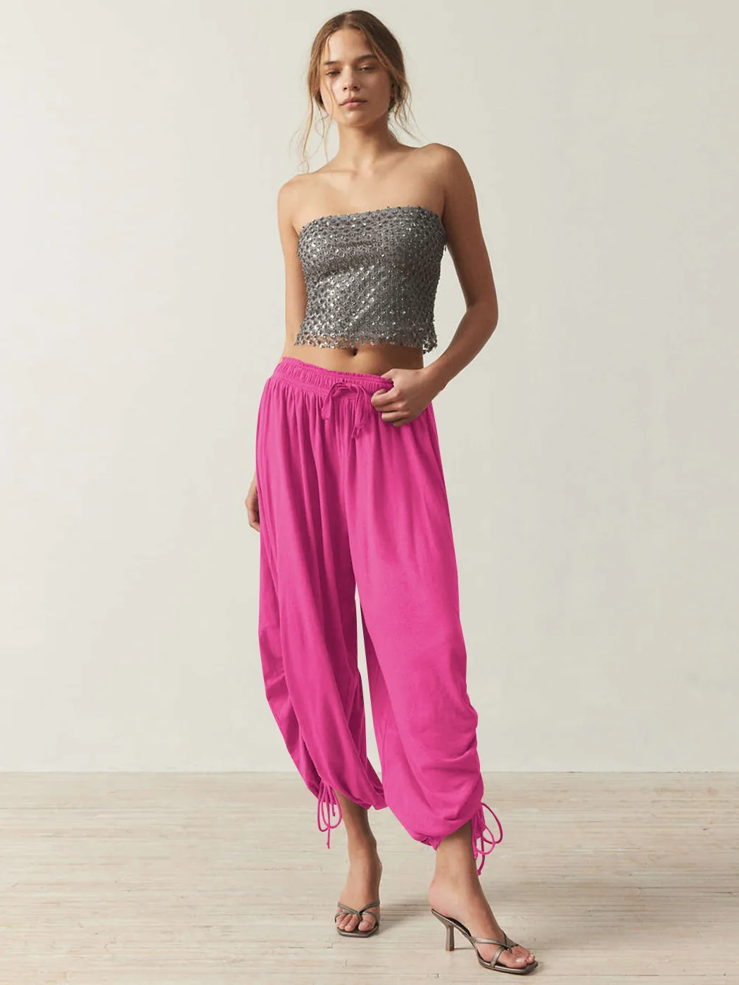 Foreign Trade Fashion  Fashion Solid Color Drawstring Lace-up Design Sense Lantern Casual Comfortable Autumn Cropped Pants display picture 27