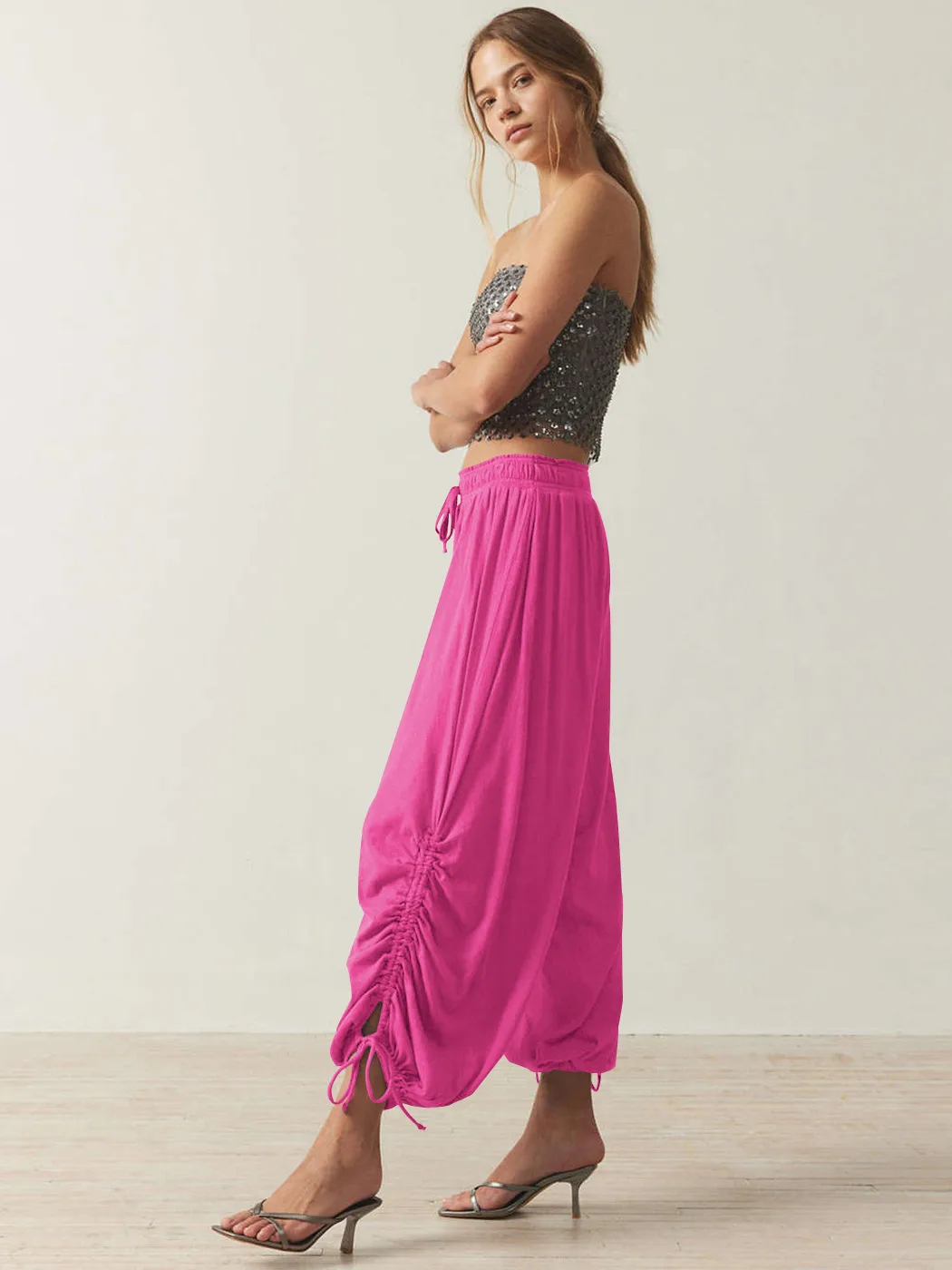 Foreign Trade Fashion  Fashion Solid Color Drawstring Lace-up Design Sense Lantern Casual Comfortable Autumn Cropped Pants display picture 28