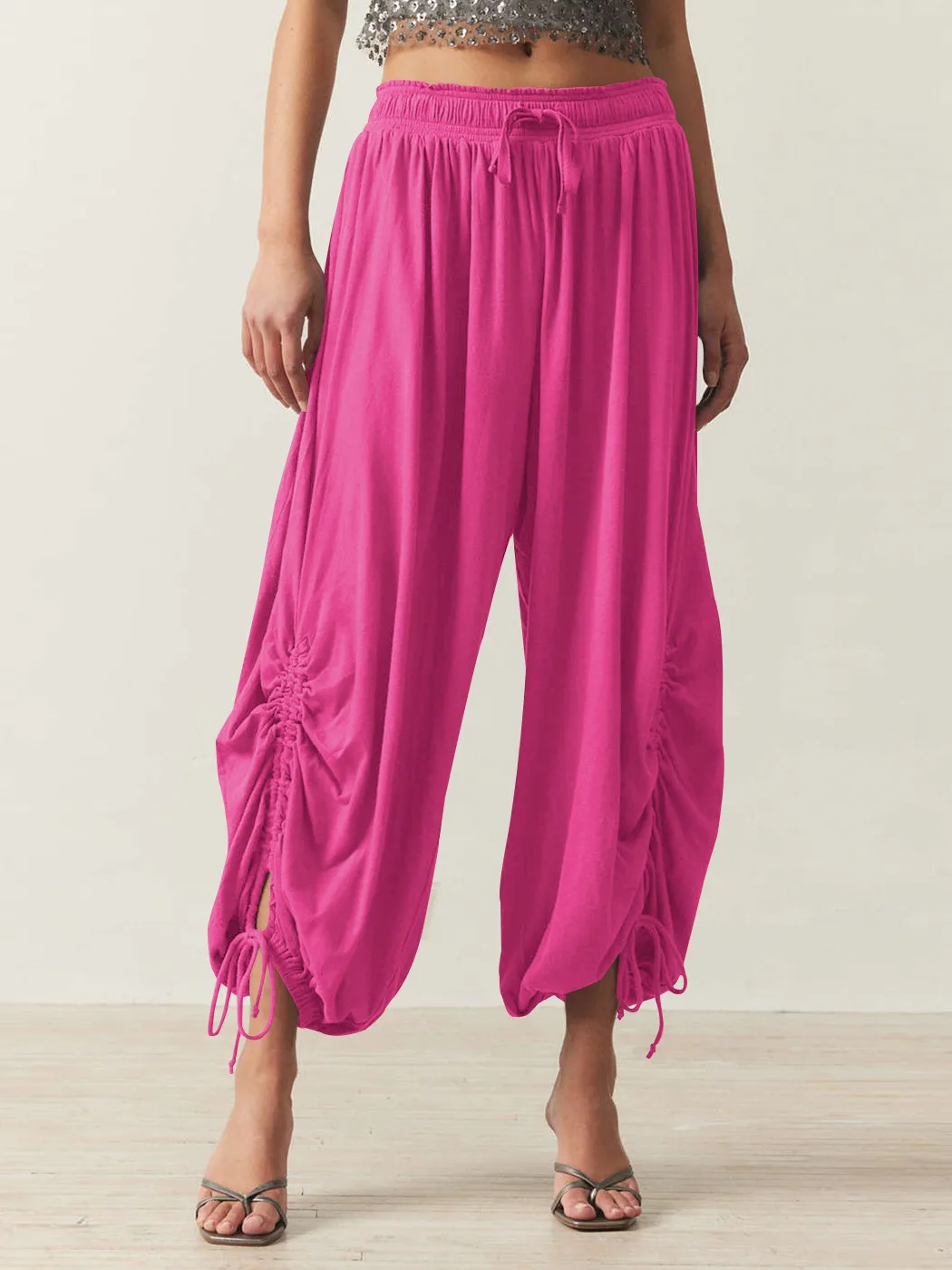 Foreign Trade Fashion  Fashion Solid Color Drawstring Lace-up Design Sense Lantern Casual Comfortable Autumn Cropped Pants display picture 25