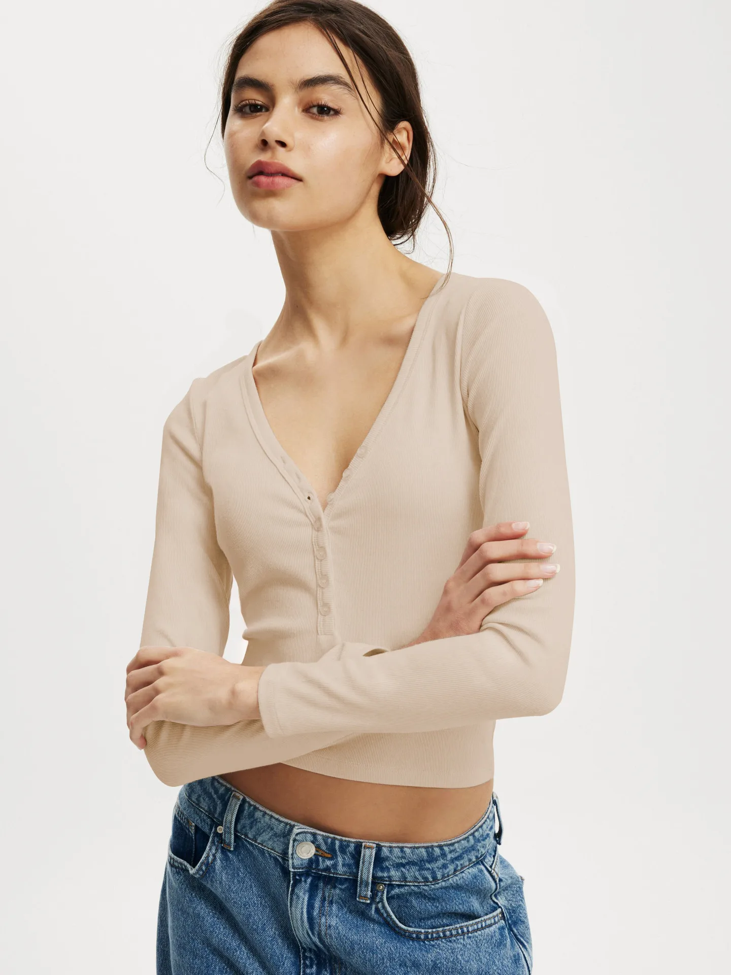 Fashion  Knitted Navel Short Long Sleeve Slim Slim Top Button V-Neck Autumn And Winter Base Shirt display picture 6