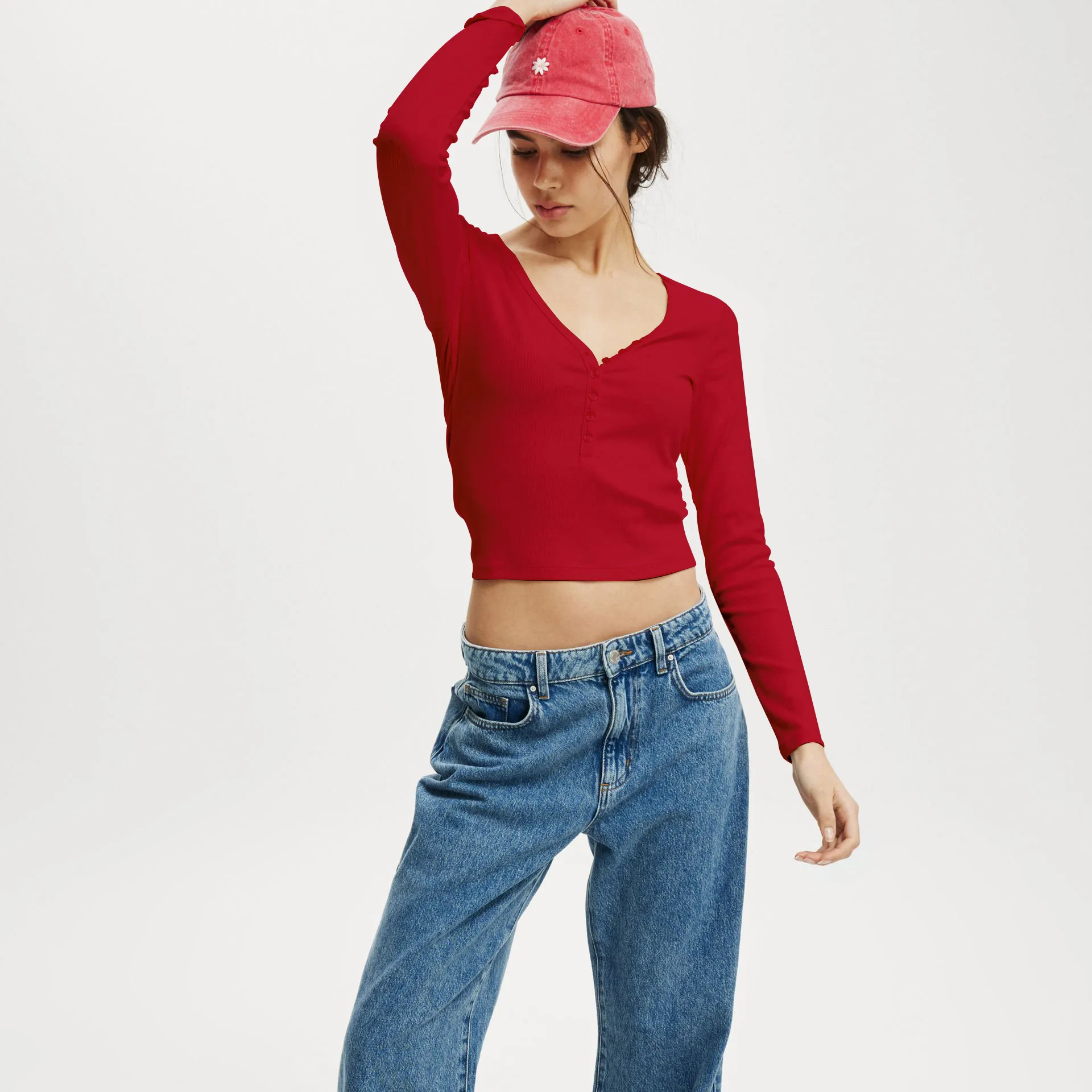 Fashion  Knitted Navel Short Long Sleeve Slim Slim Top Button V-Neck Autumn And Winter Base Shirt display picture 27