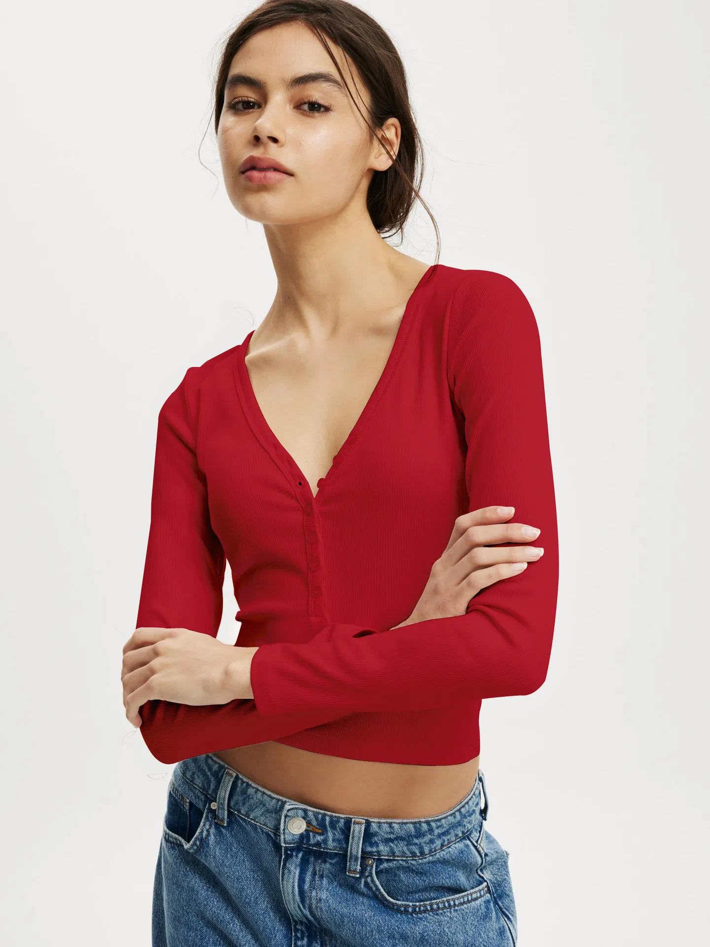 Fashion  Knitted Navel Short Long Sleeve Slim Slim Top Button V-Neck Autumn And Winter Base Shirt display picture 31